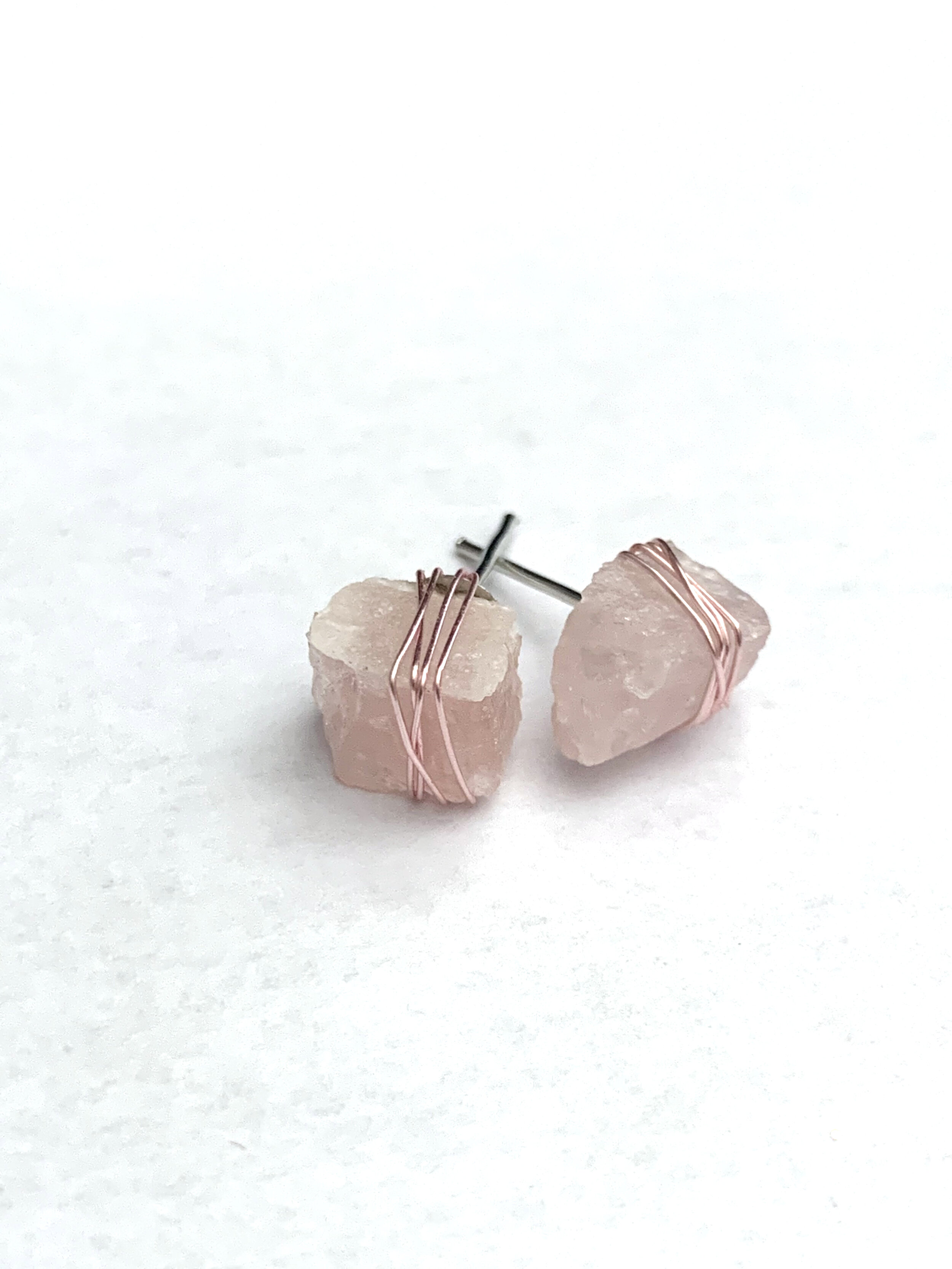 Wire Wrapped Rose Quartz Stud Earrings 
