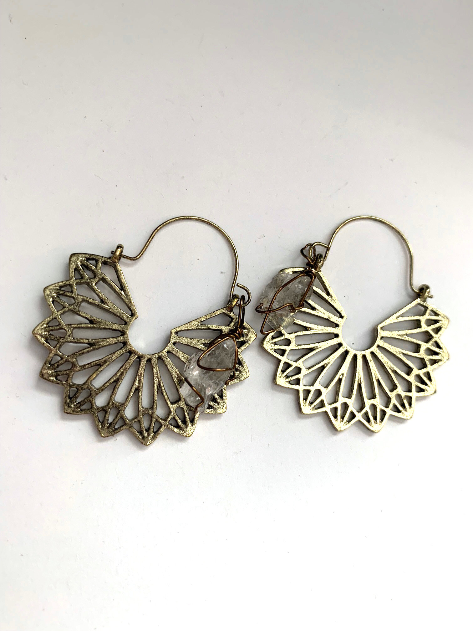Geometric Quartz Crystal Mandala Earrings in Antique Golden Bronze
