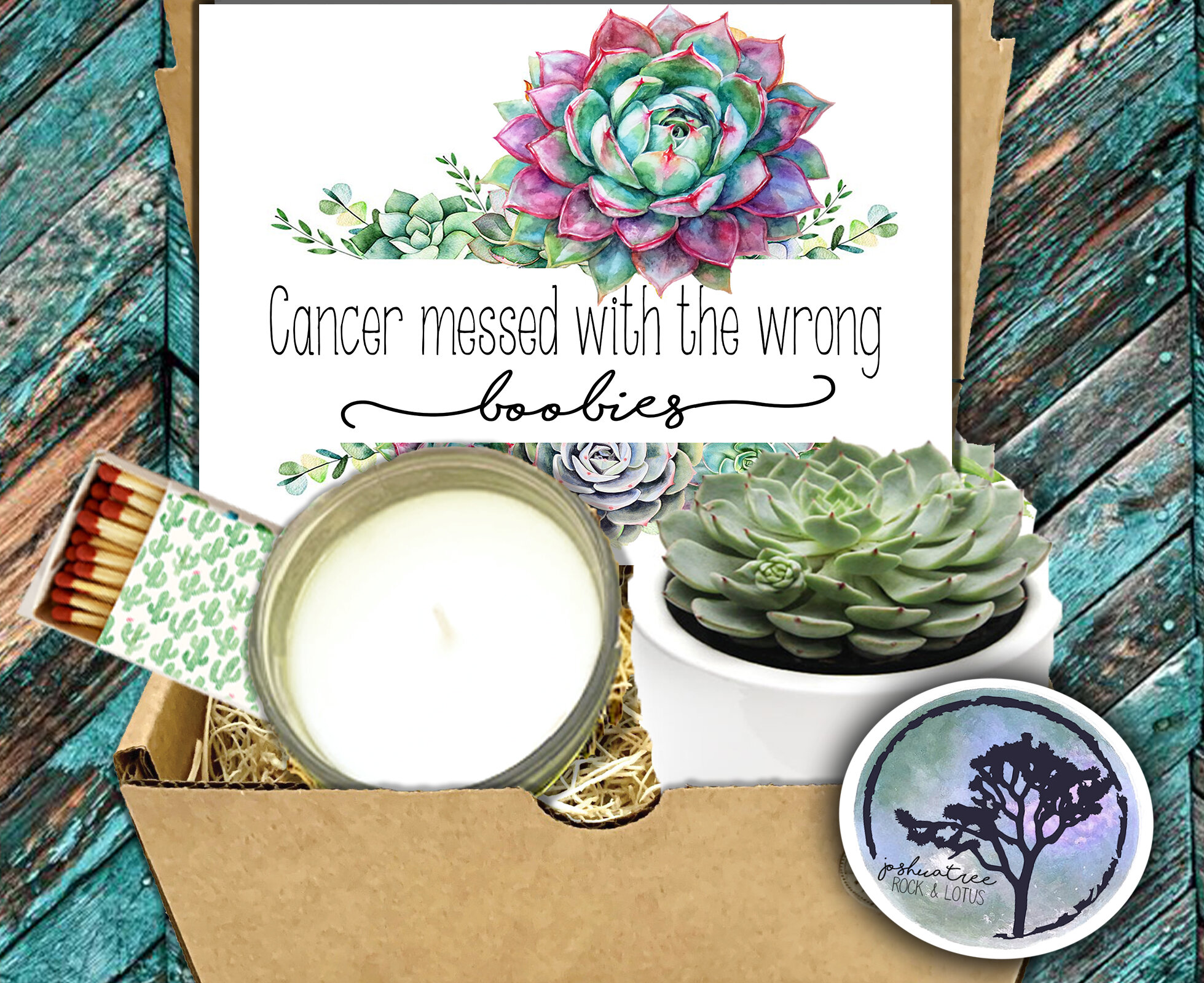 Cancer messed with the wrong Boobies - Succulent, Card &amp; Candle Gift Box  - Breast Cancer Box
