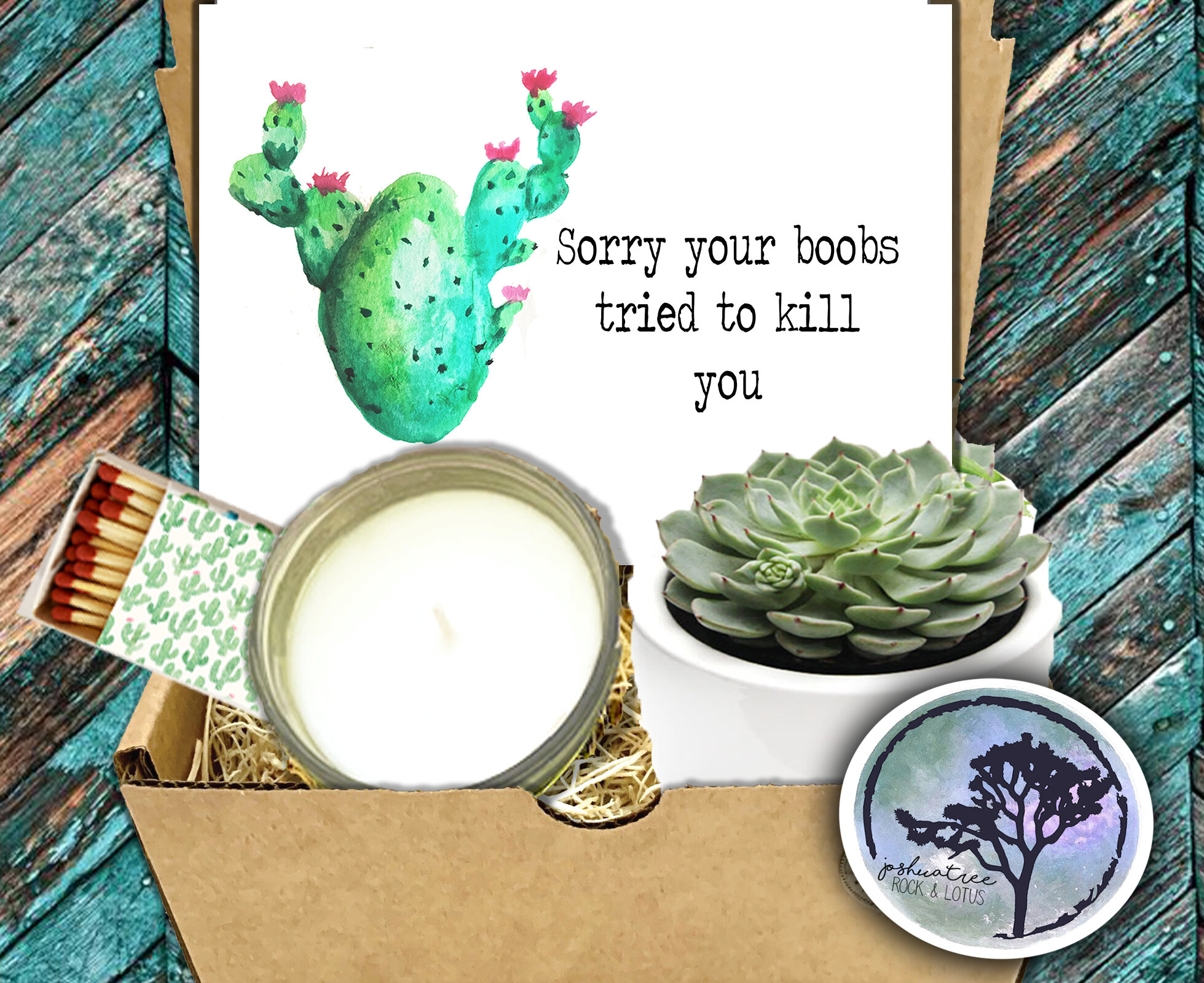 Sorry Your Boobs Tried to Kill You - Succulent, Card &amp; Candle Gift Box    