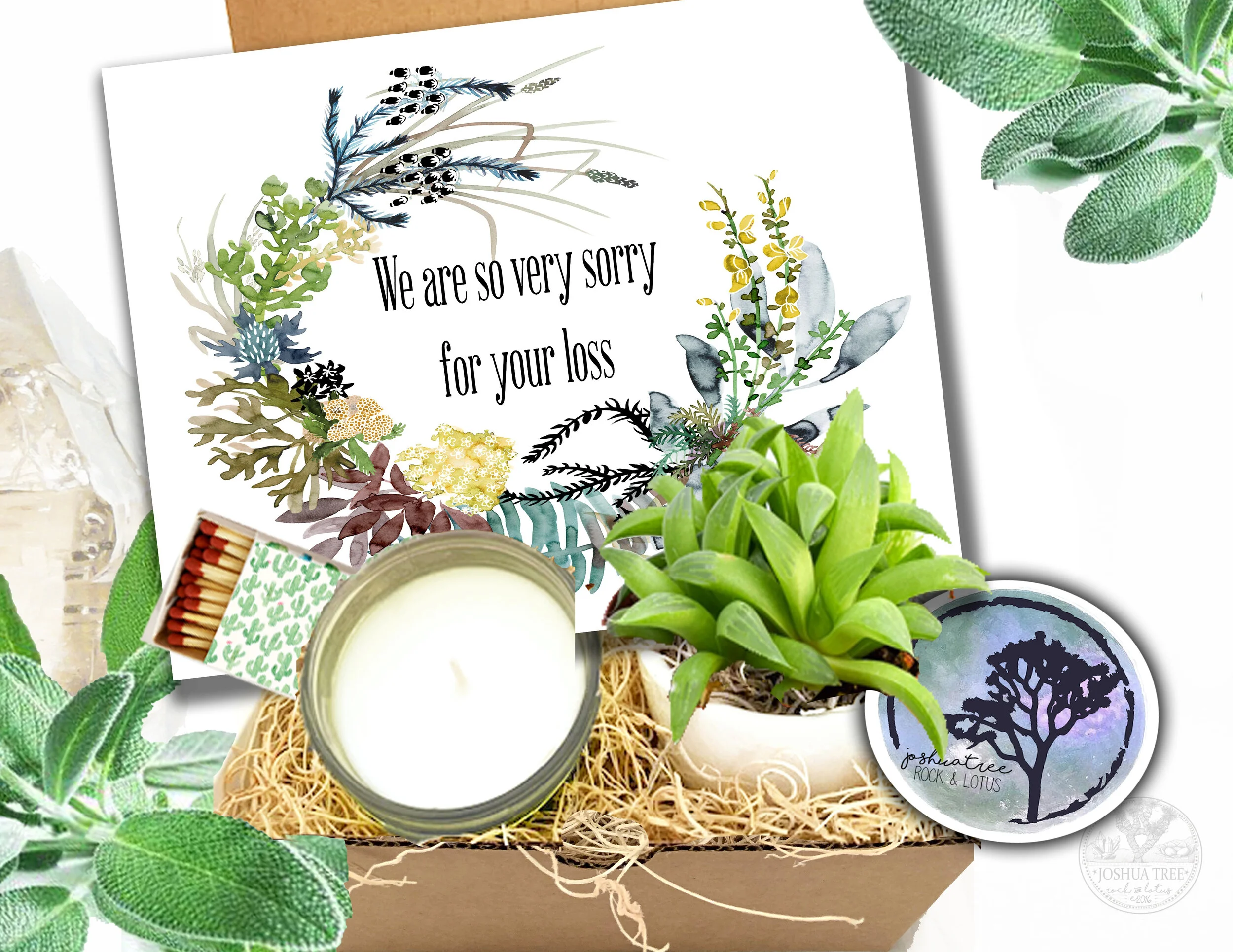 We are Sorry for your Loss - Sympathy Succulent Gift Box Set - Succulent,  Card & Candle Gift Box (Copy)  Joshua Tree Rock & Lotus