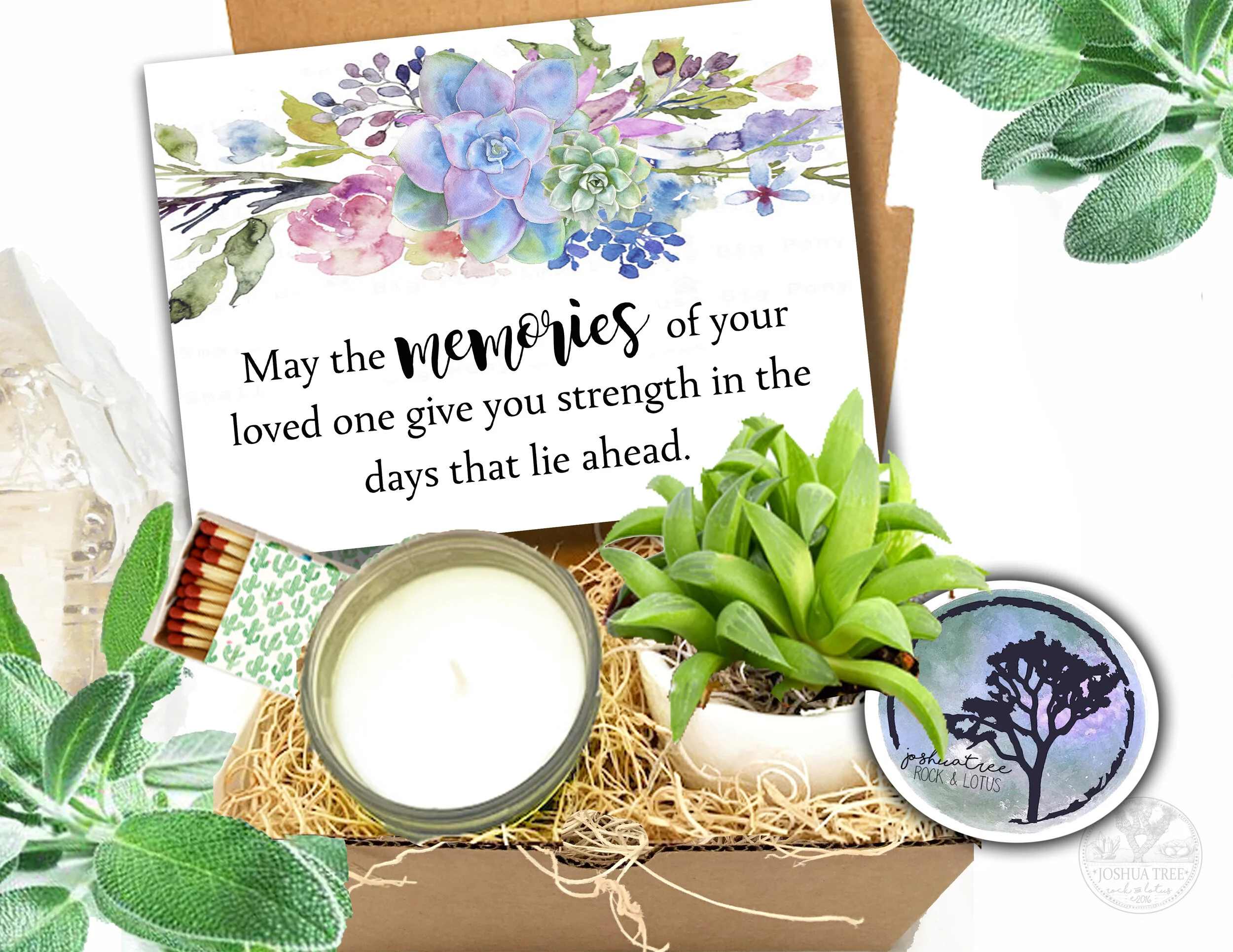 Memories give you strength - Sympathy Succulent Gift Box Set - Succulent,  Card & Candle Gift Box  Joshua Tree Rock & Lotus