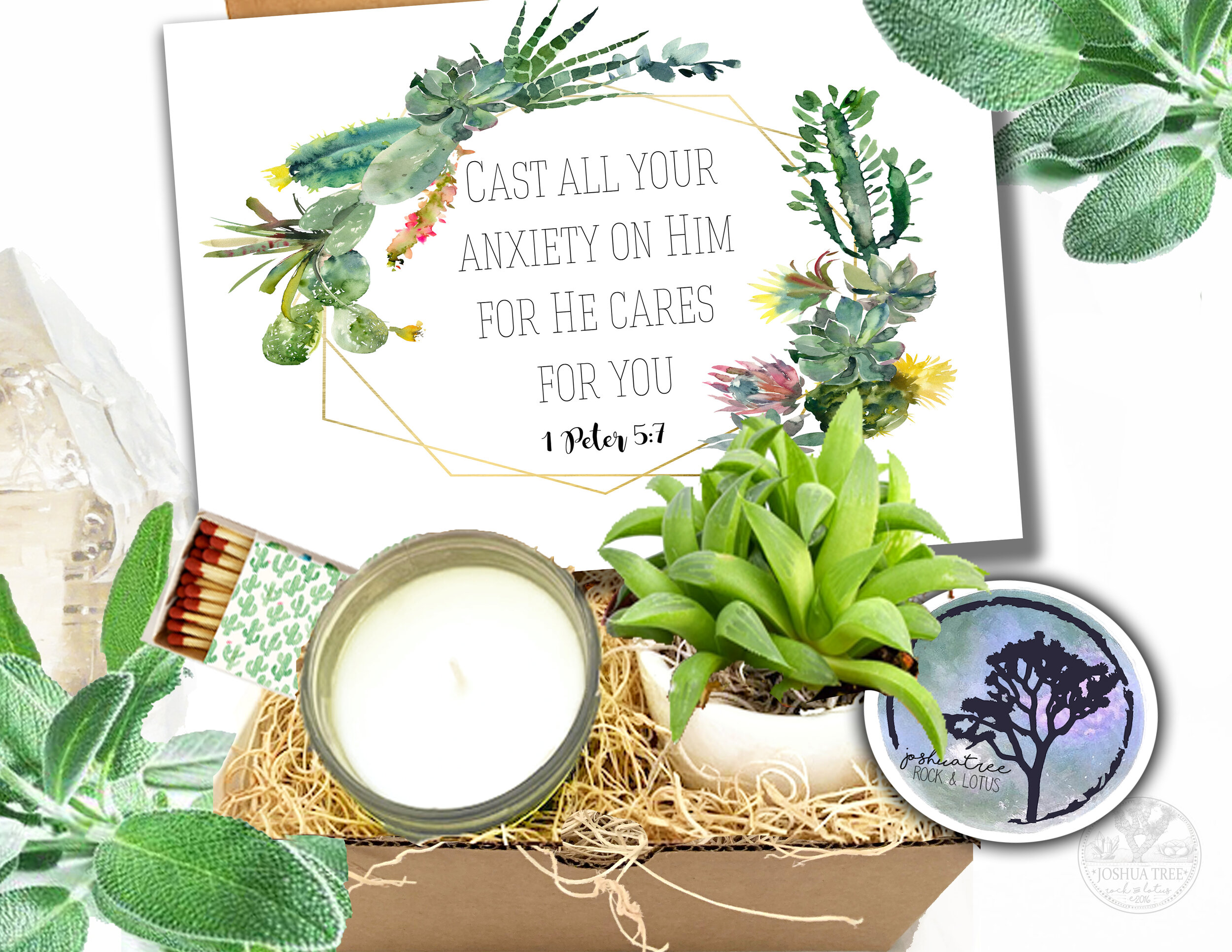 Cast all Your Cares Upon Him - Bible Verse Gift Box - Succulent, Card &amp; Candle Gift Box    