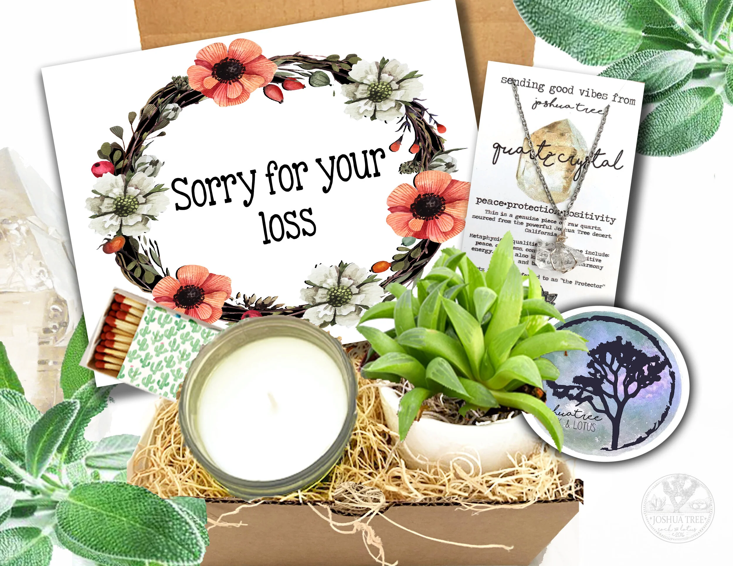 Sorry for your loss - Sympathy Succulent Gift Box Set - Succulent,  Necklace, Card & Candle Gift Box  Joshua Tree Rock & Lotus