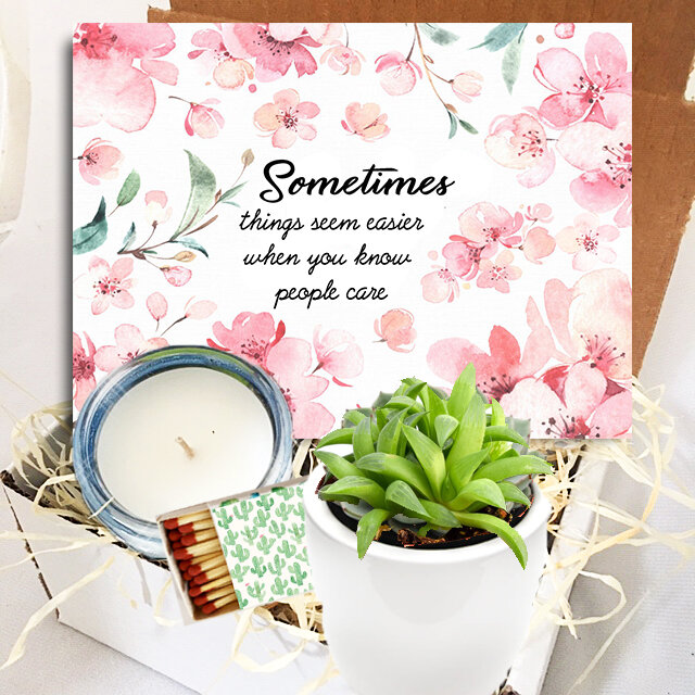 Sometimes Things Seem Better When You Know Someone Cares - Succulent, Card &amp; Candle Gift Box     