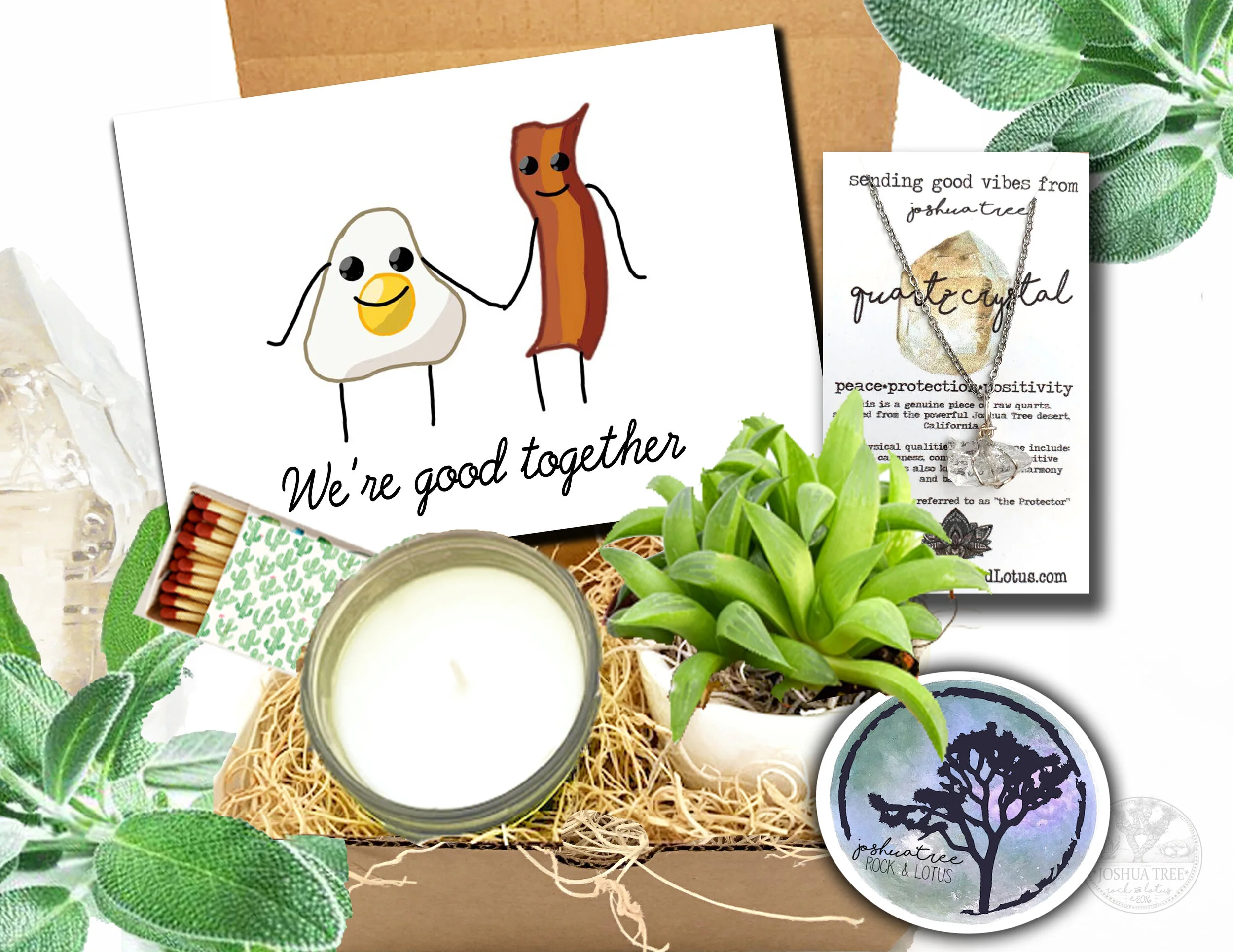 We're Good Together  (Bacon &amp; Eggs Card) -  Succulent, Card, Necklace &amp; Candle Gift Box   