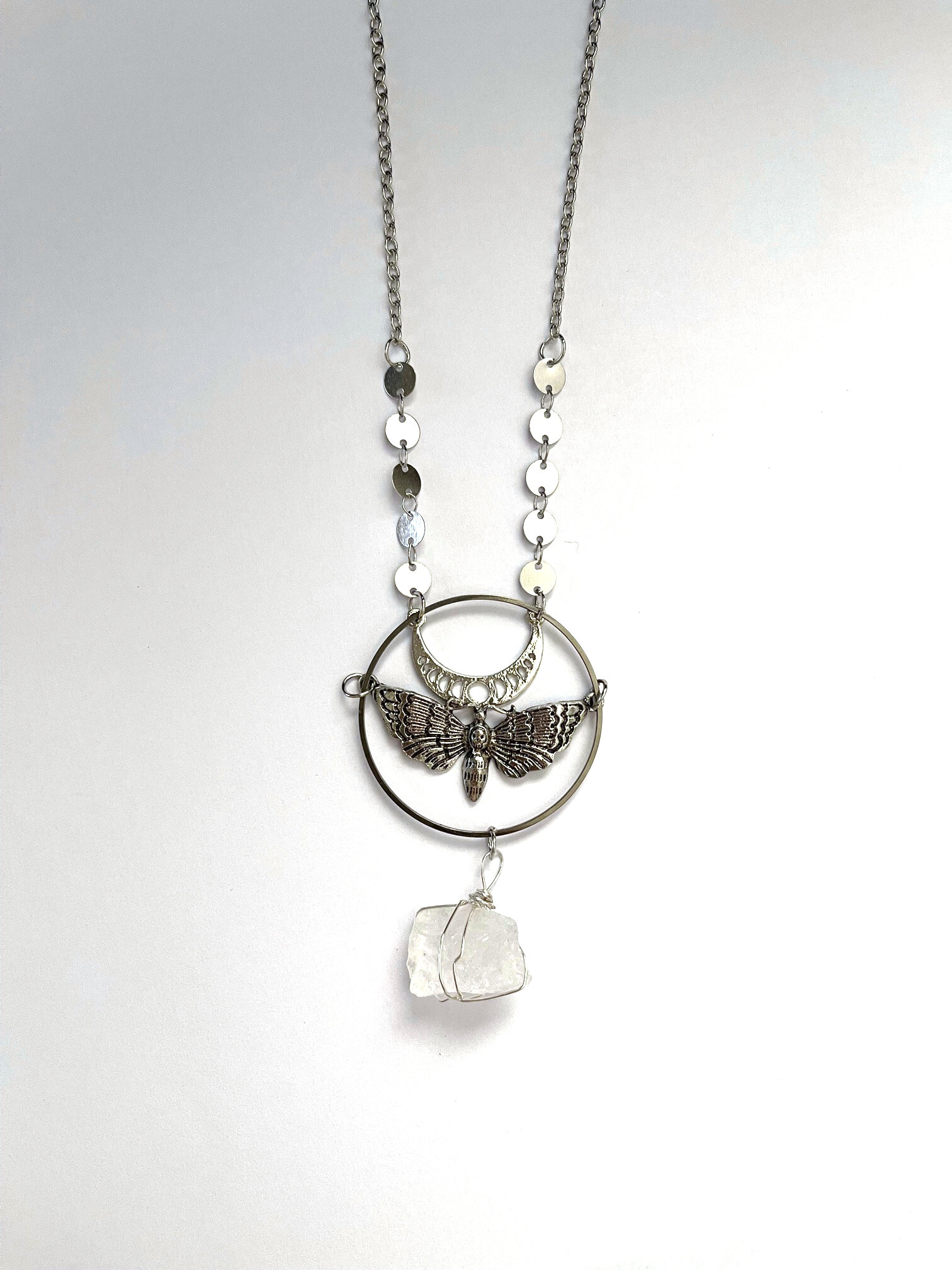 Moth, Moon Phases and Joshua Tree Quartz Pendant Necklace