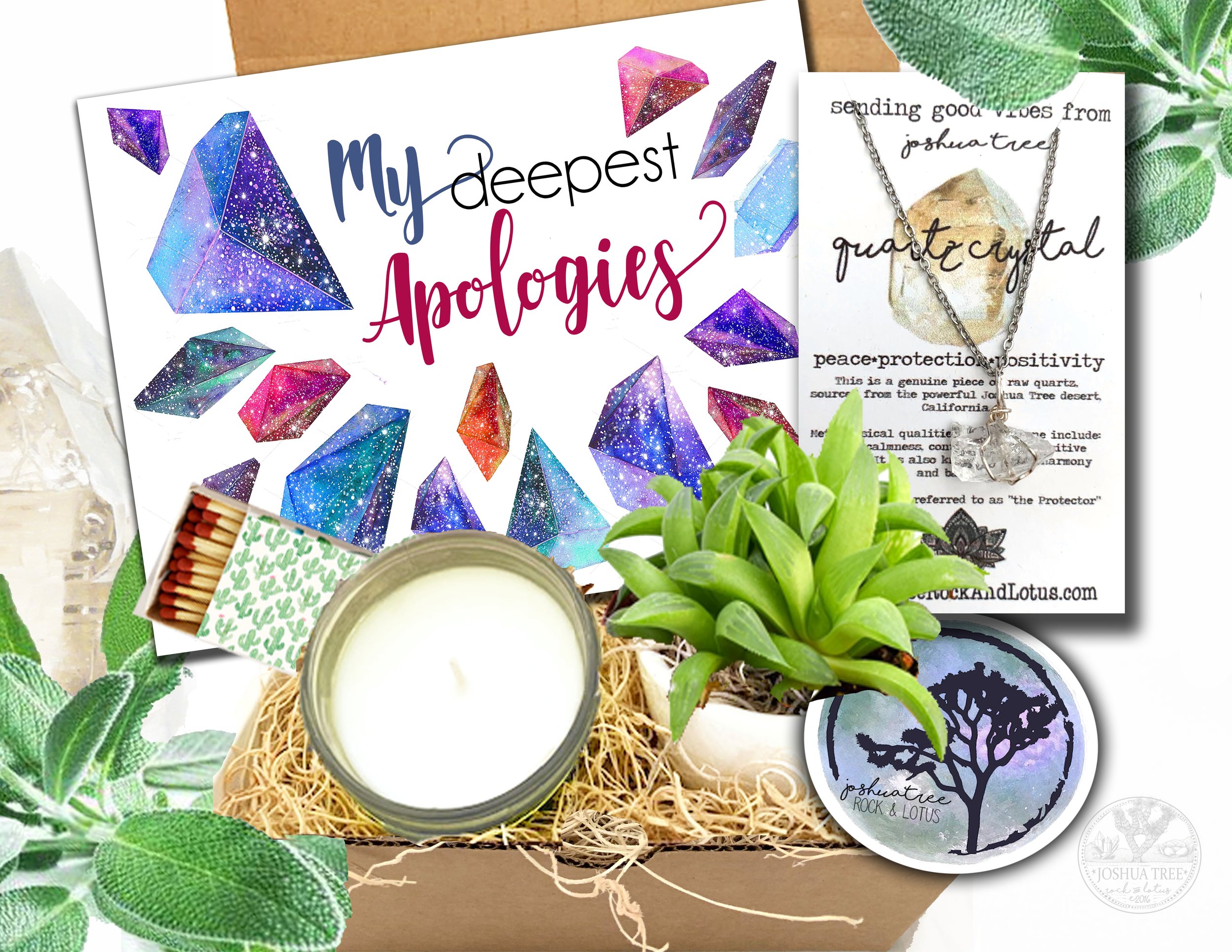 My Deepest Apologies Gift Box Set - Candle, Succulent and Real Crystal Necklace -Sorry Gift / Apology / My Regrets / Remorse / Forgive me