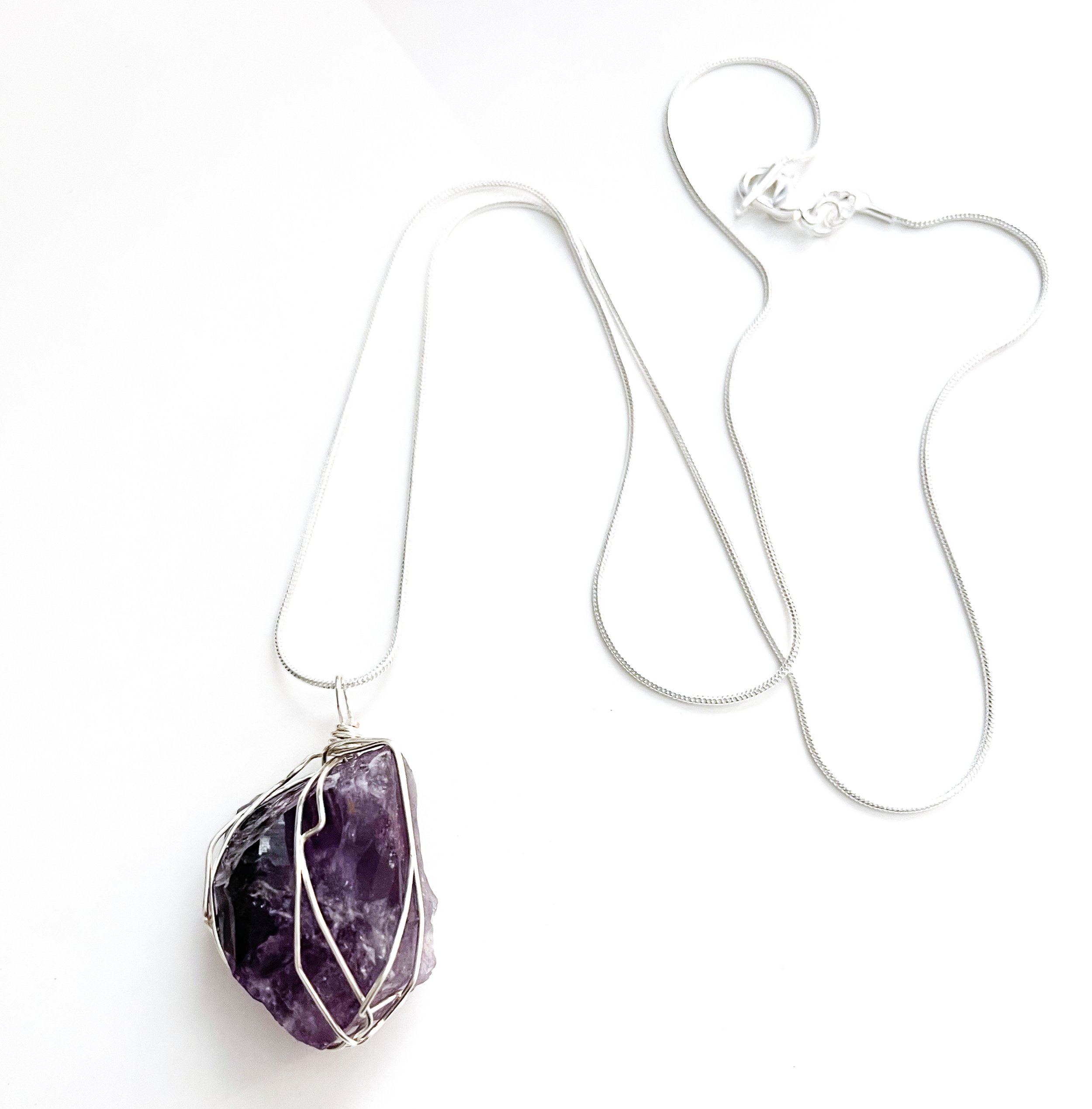1.5 Inch Genuine Amethyst Chunk Crystal Gemstone Necklace on 925 silver chain