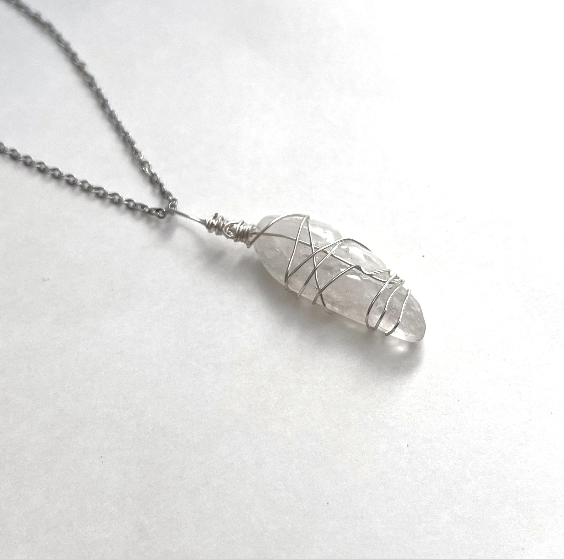 Tumbled Quartz wire wrapped necklace on stainless steel chain