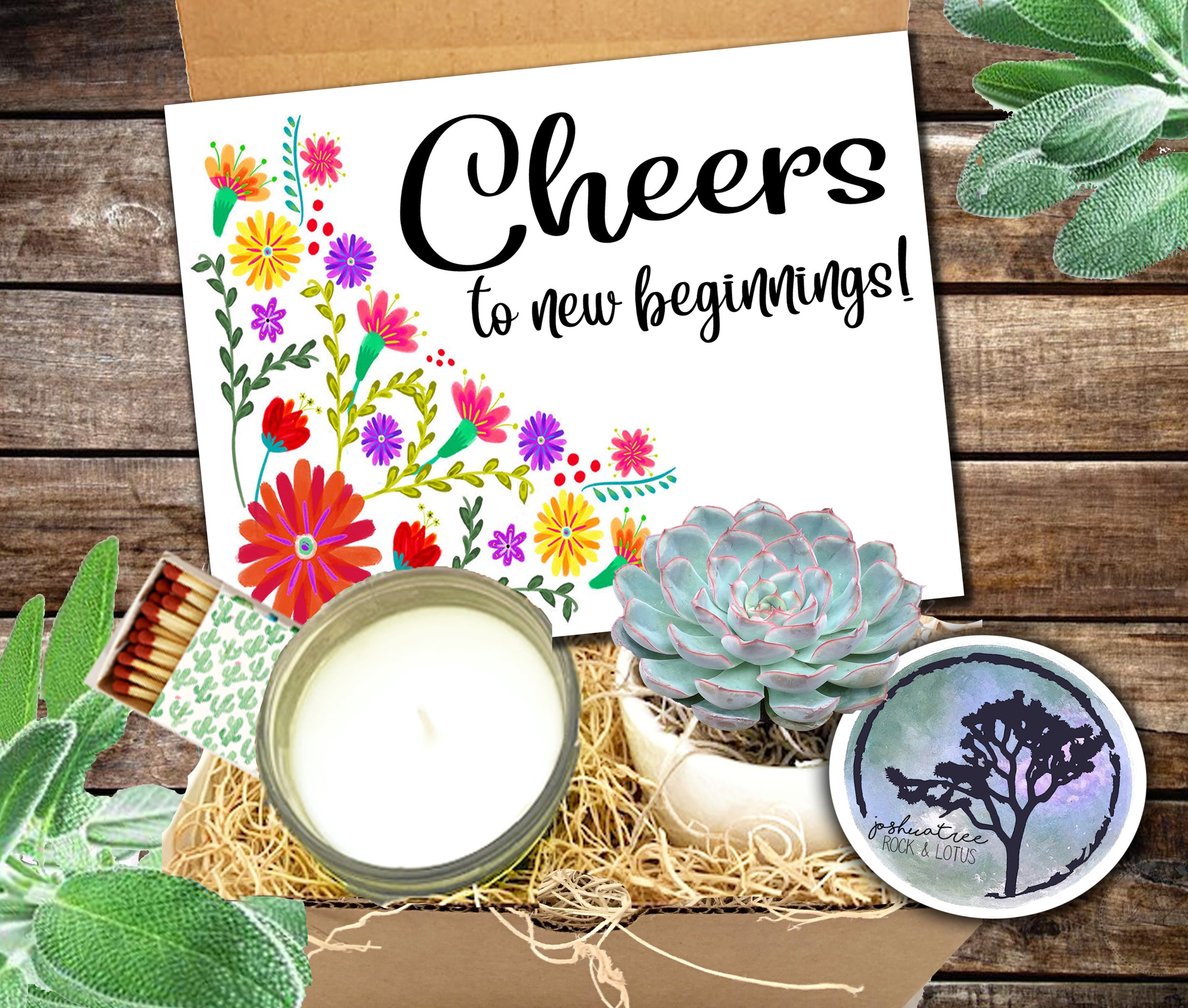 Cheers to new beginnings -  Succulent, Card &amp; Candle Gift Box      