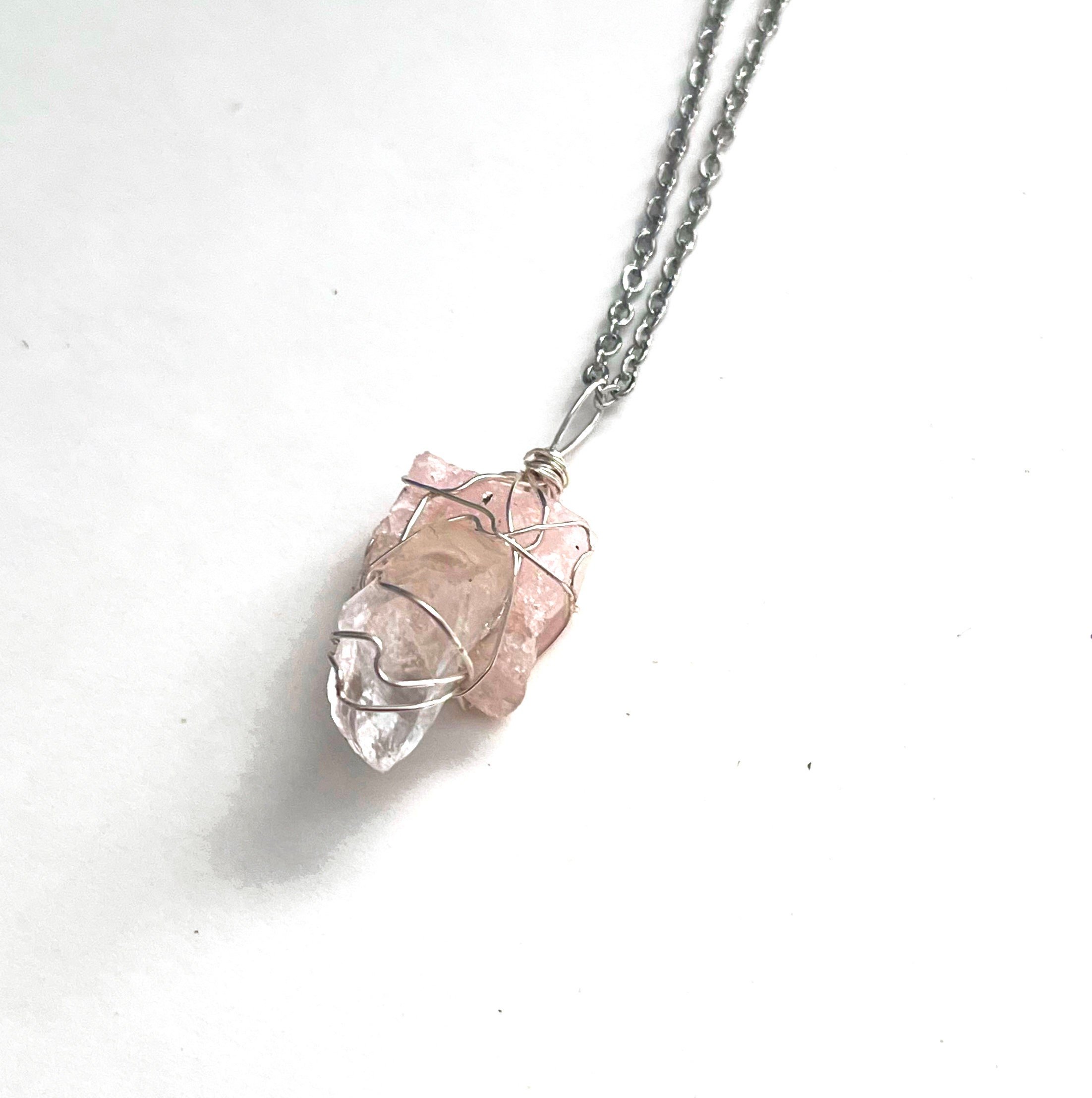 Genuine Rose and Quartz Crystal Balance Necklace - Love and Protection Necklace - Joshua Tree Quartz