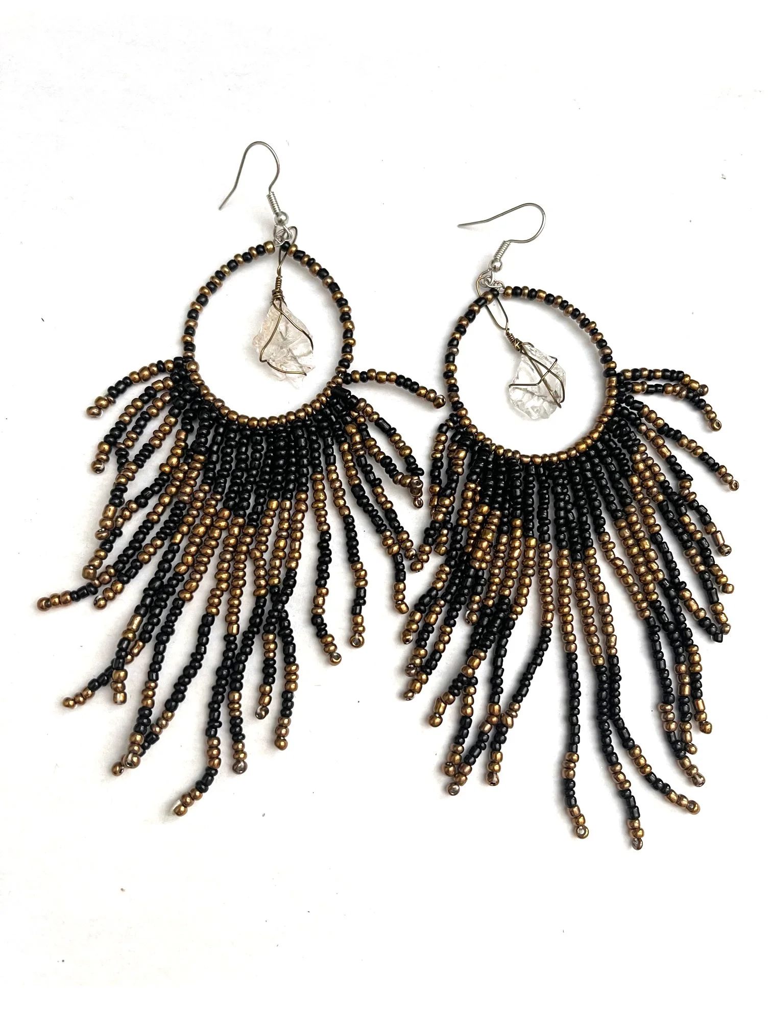 Bronze and Black Hand Beaded Tassel and Quartz Crystal Festival Earrings