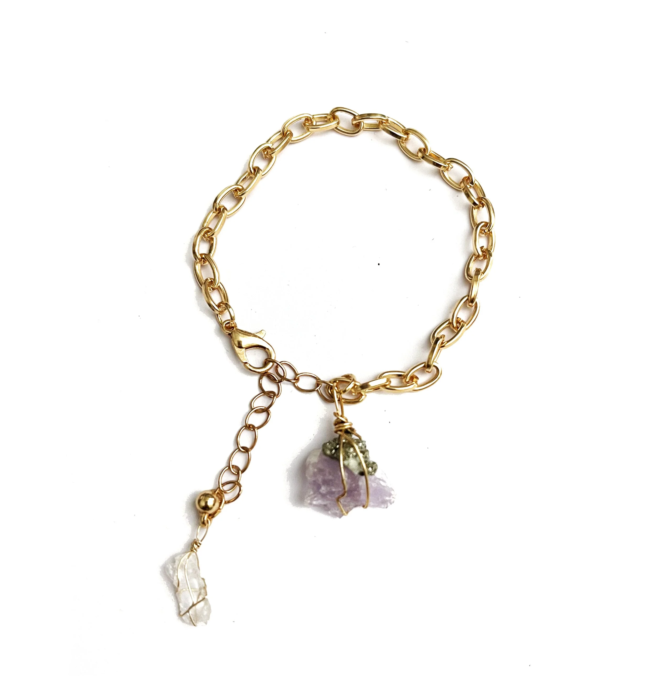 Pyrite and Amethyst Charm Bracelet with Joshua Tree Quartz Micro Crystal