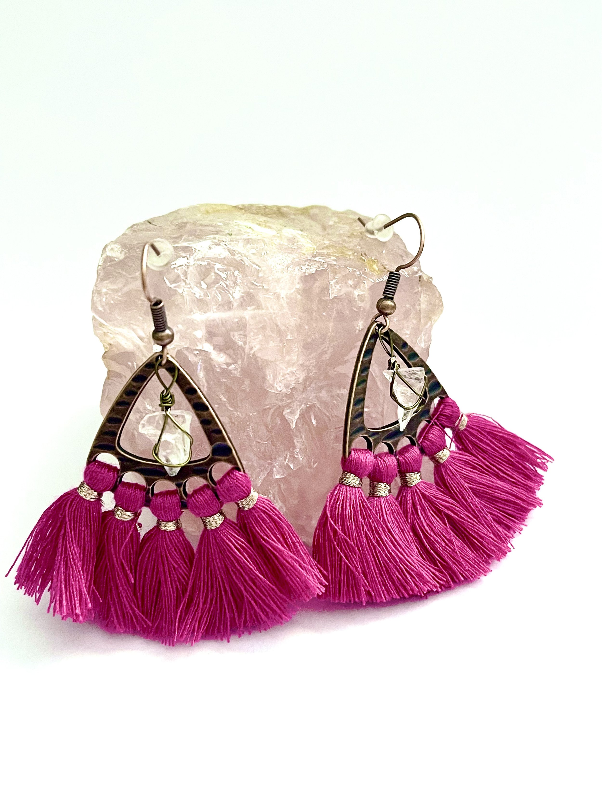 Hot Pink Quartz Tassel Earrings