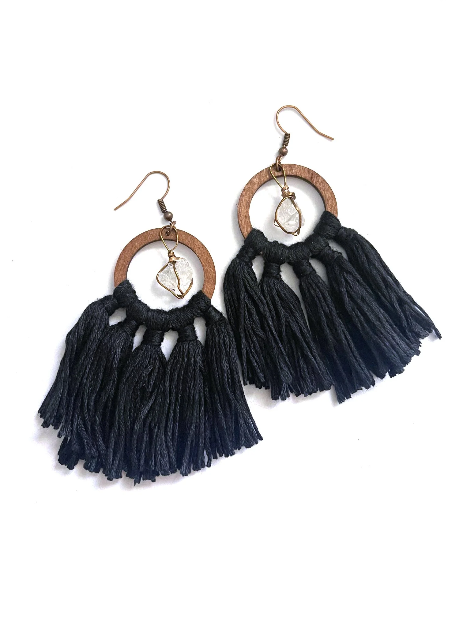 Hammered Bronze and Quartz Crystal Tassel Earrings