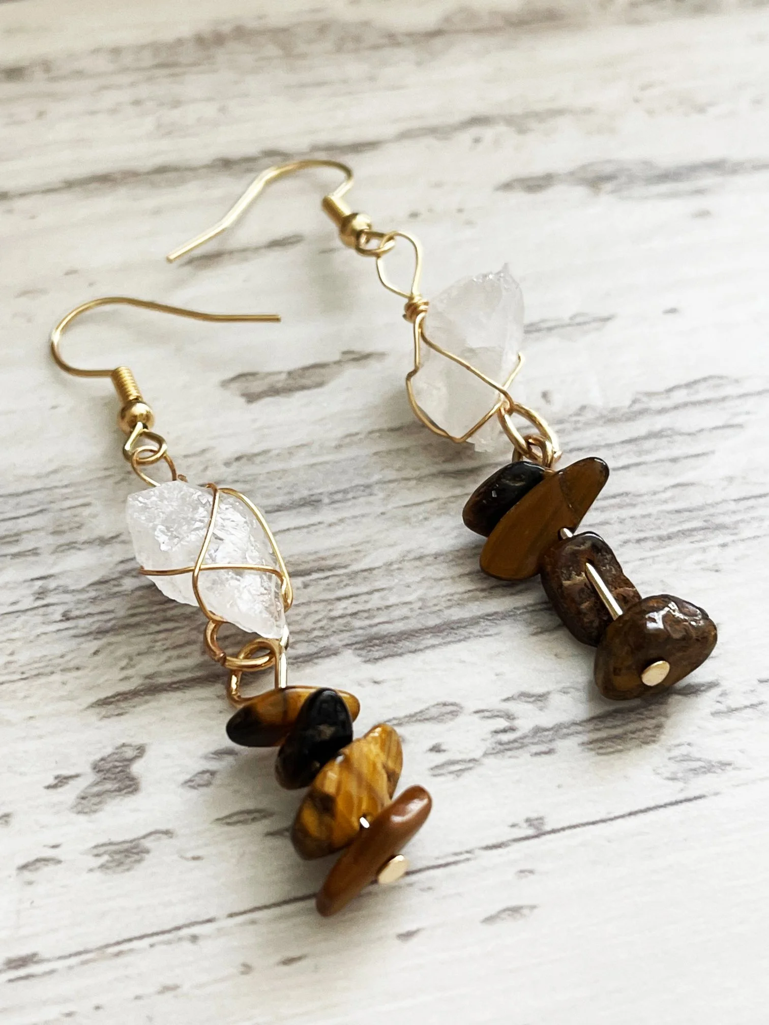 Genuine Tigers Eye and Raw Girasol Opal Drop Earrings