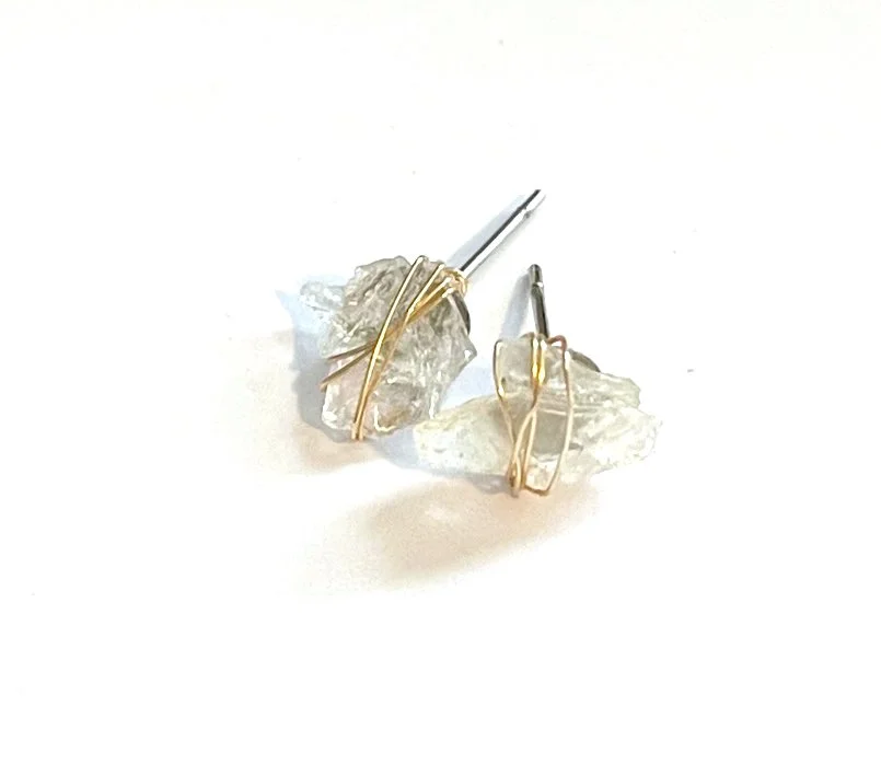 Gold Wire Wrapped Quartz Crystal Stud Earrings