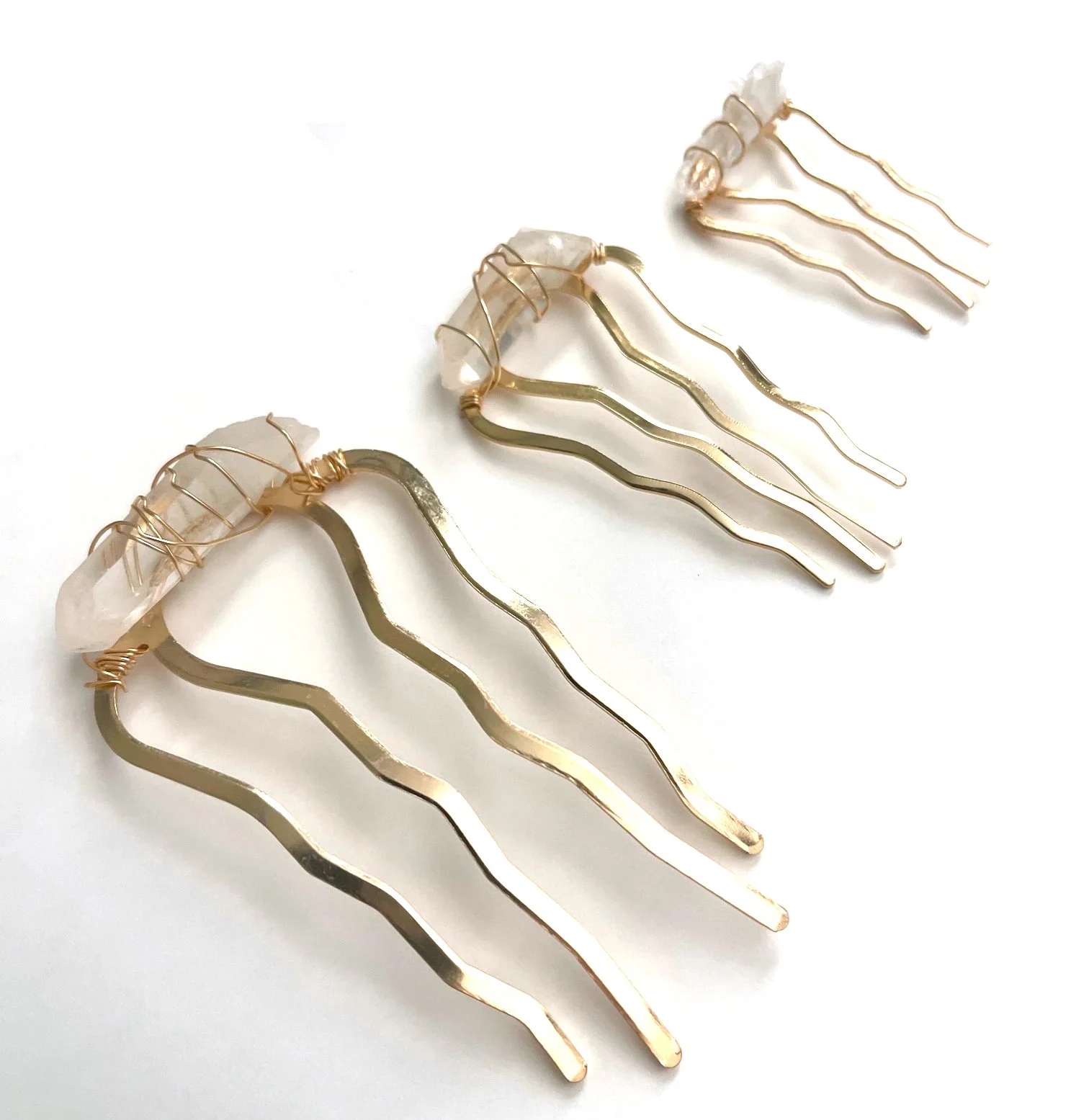 Genuine Quartz Crystal Point Hair Pins - Gold-Toned Wire Wrapped - Set on 4 Prawn Hair Combs - Genuine Real Crystals - Wedding hair decor