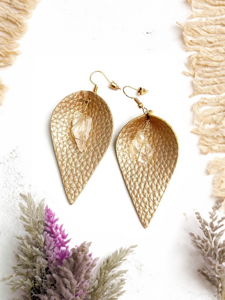 Gold Feather and Quartz Earrings