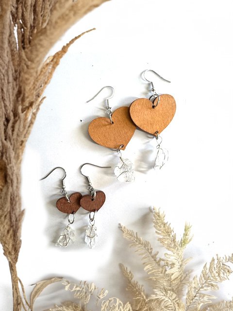 Wooden heart and Genuine Joshua Tree Quartz Crystals Dangle Earrings