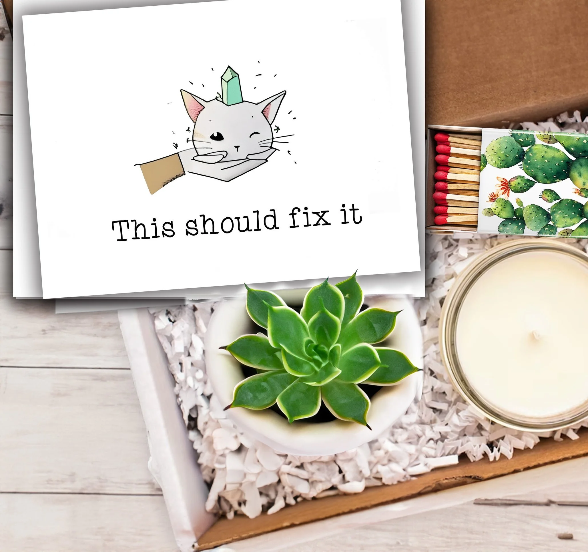 This should fix it (cat and crystal greeting card) - Succulent, Card and candle gift