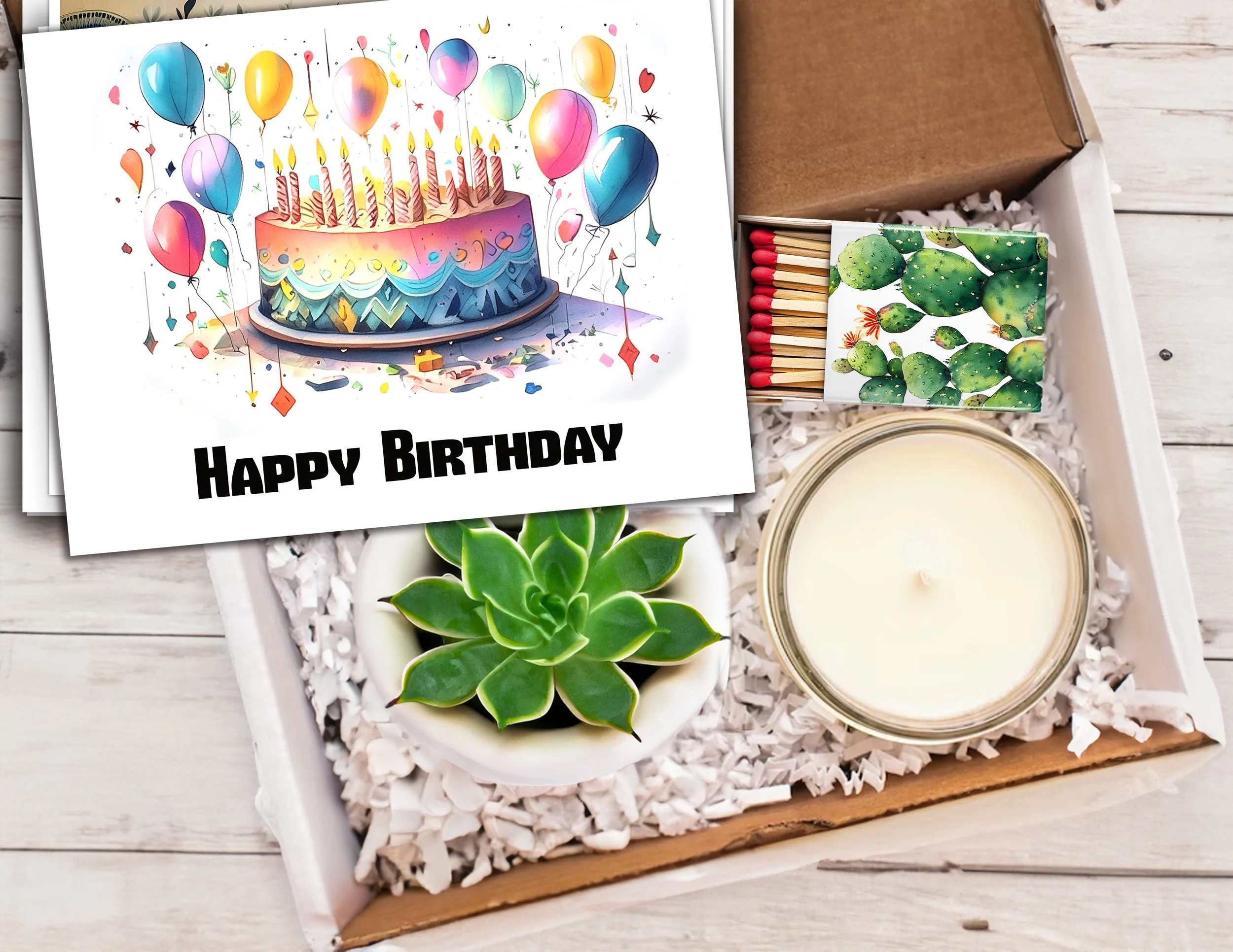 Happy Birthday - Art Cake Card with Succulent and Candle