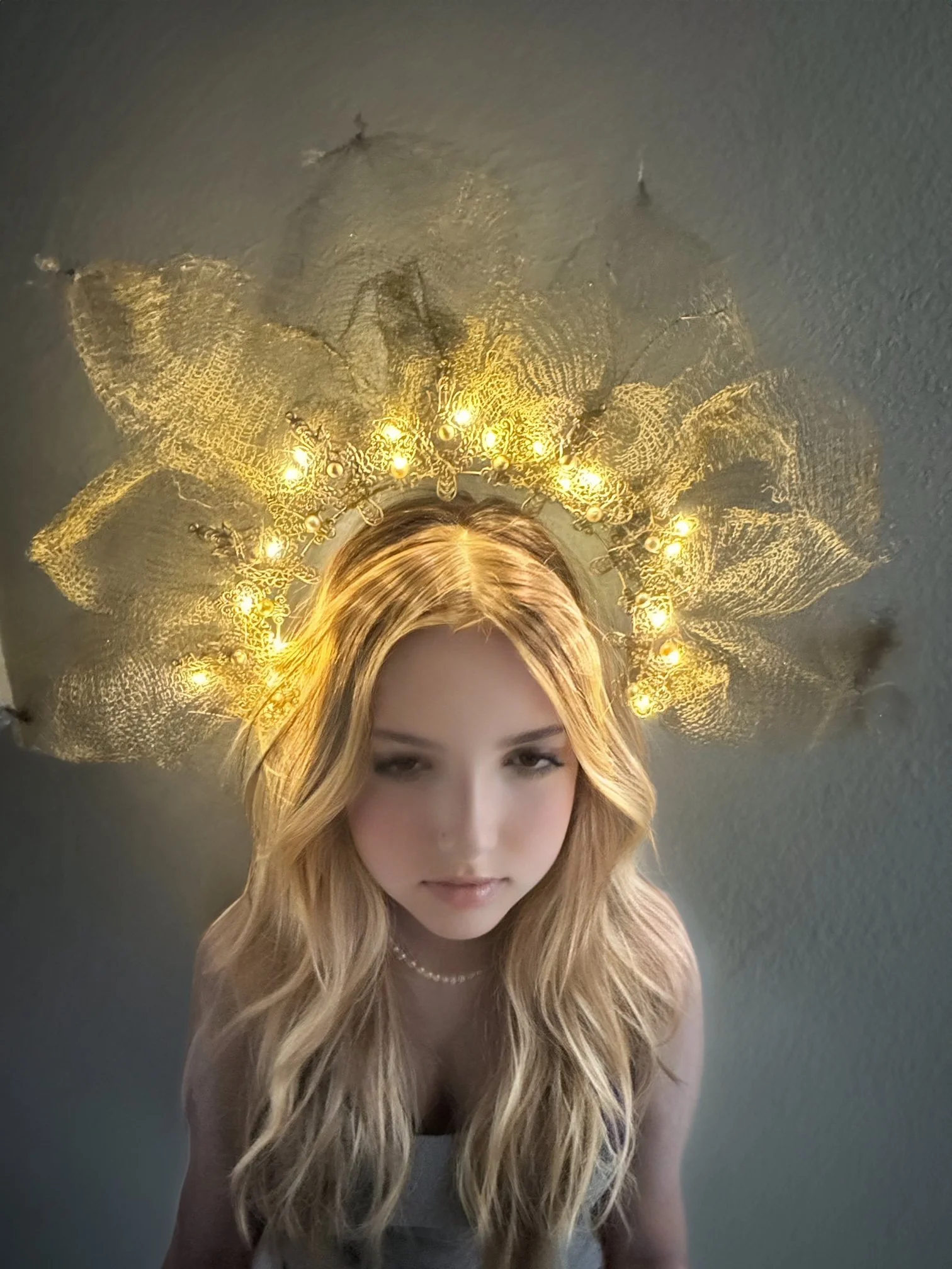 Light Up Festival Crown by Charity Huether, designed with LED lights and intricate details, perfect for festivals like Burning Man, Coachella, EDC, weddings, and photo shoots