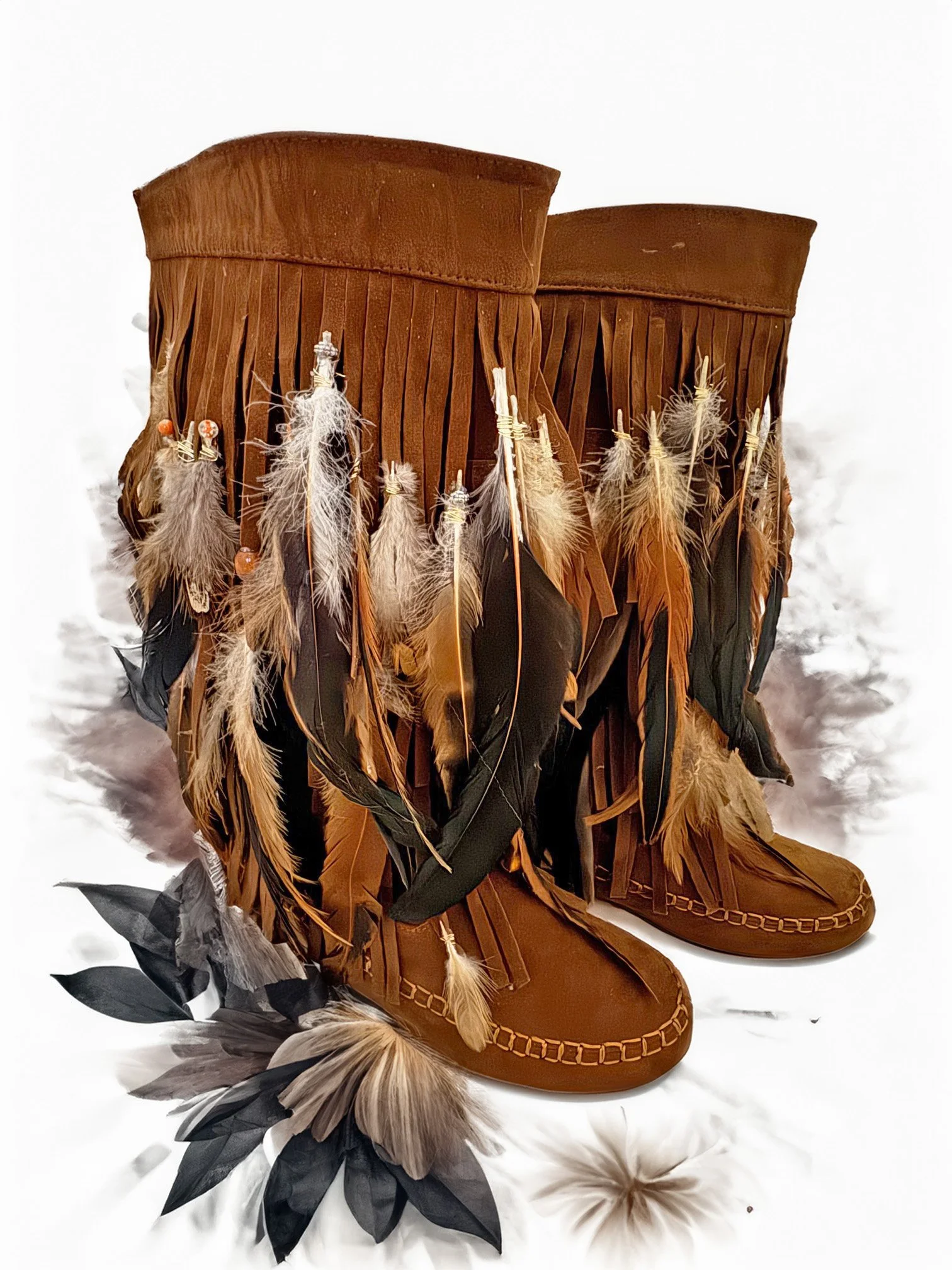 Natural Black/Brown Feather Boots | Vegan Festival Boots | Boho Moccasins with Beads | Faux Leather Fringed Boots | Burning Man Costume Shoes