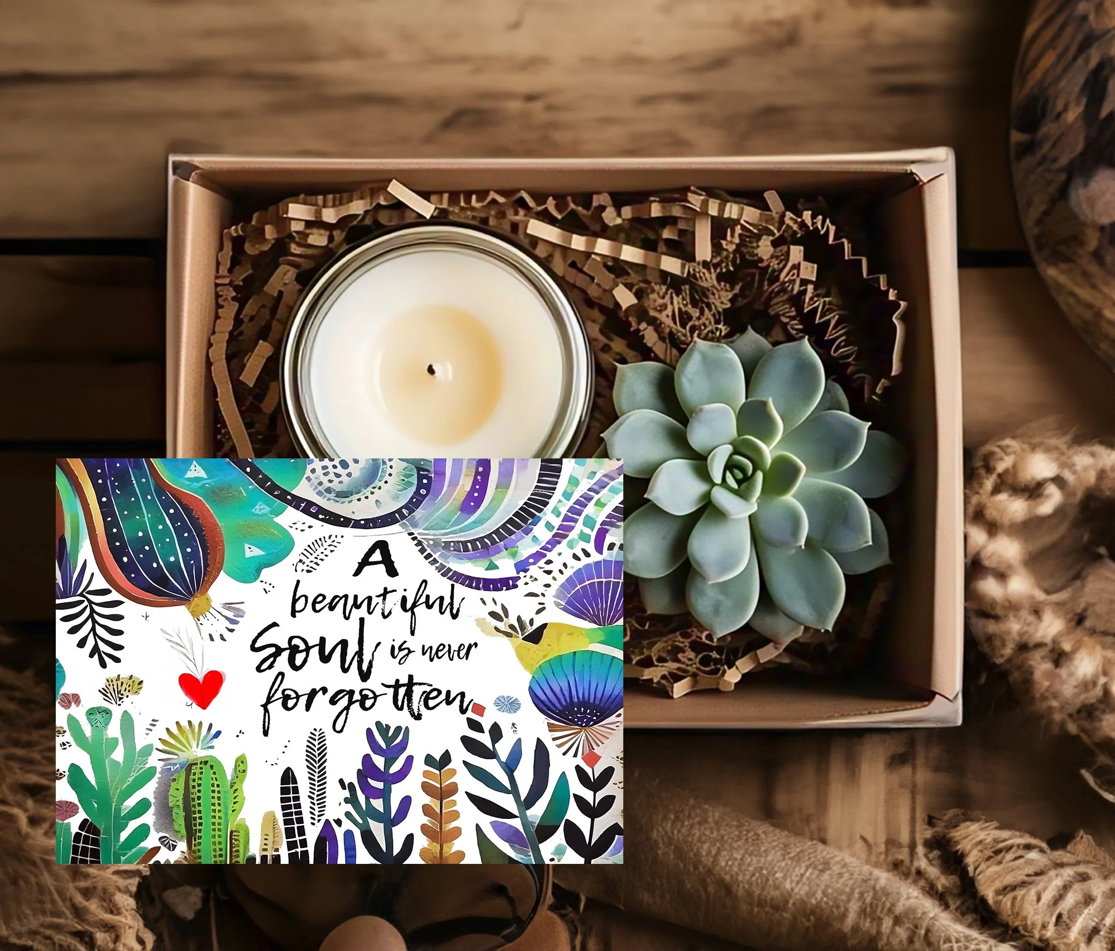 A Beautiful Soul Is Never Forgotten - Succulent, Card &amp; Candle Gift Box (colorful)