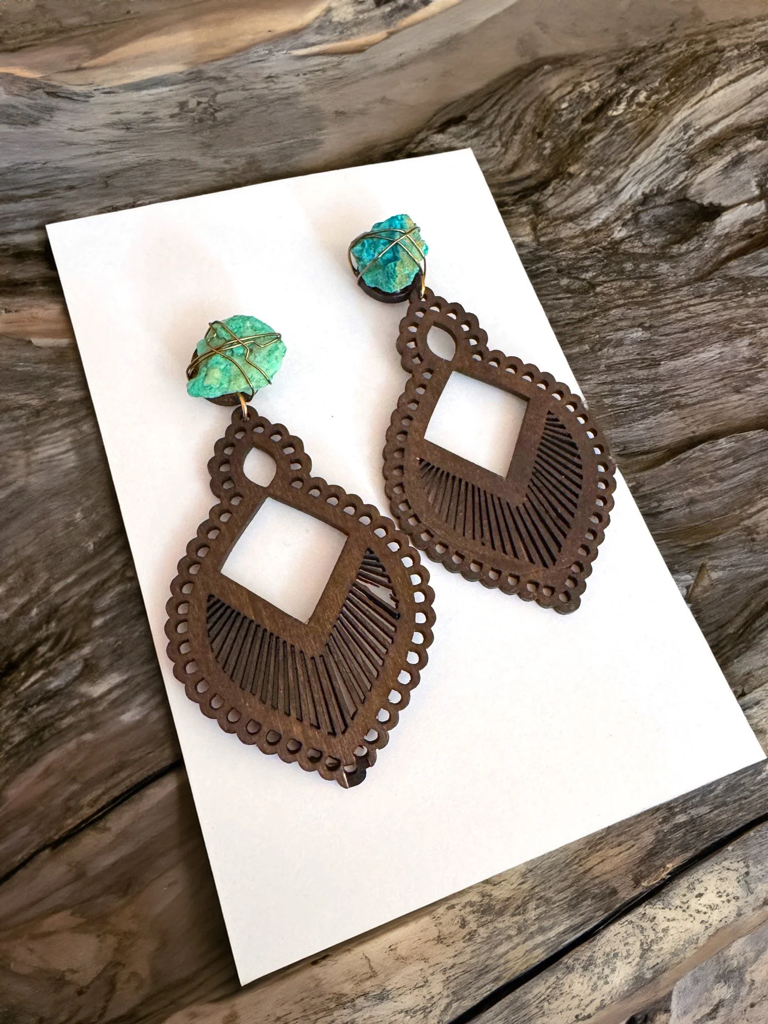Boho Wooden Statement Earrings with Raw Turquoise Stones – Handcrafted from Joshua Tree