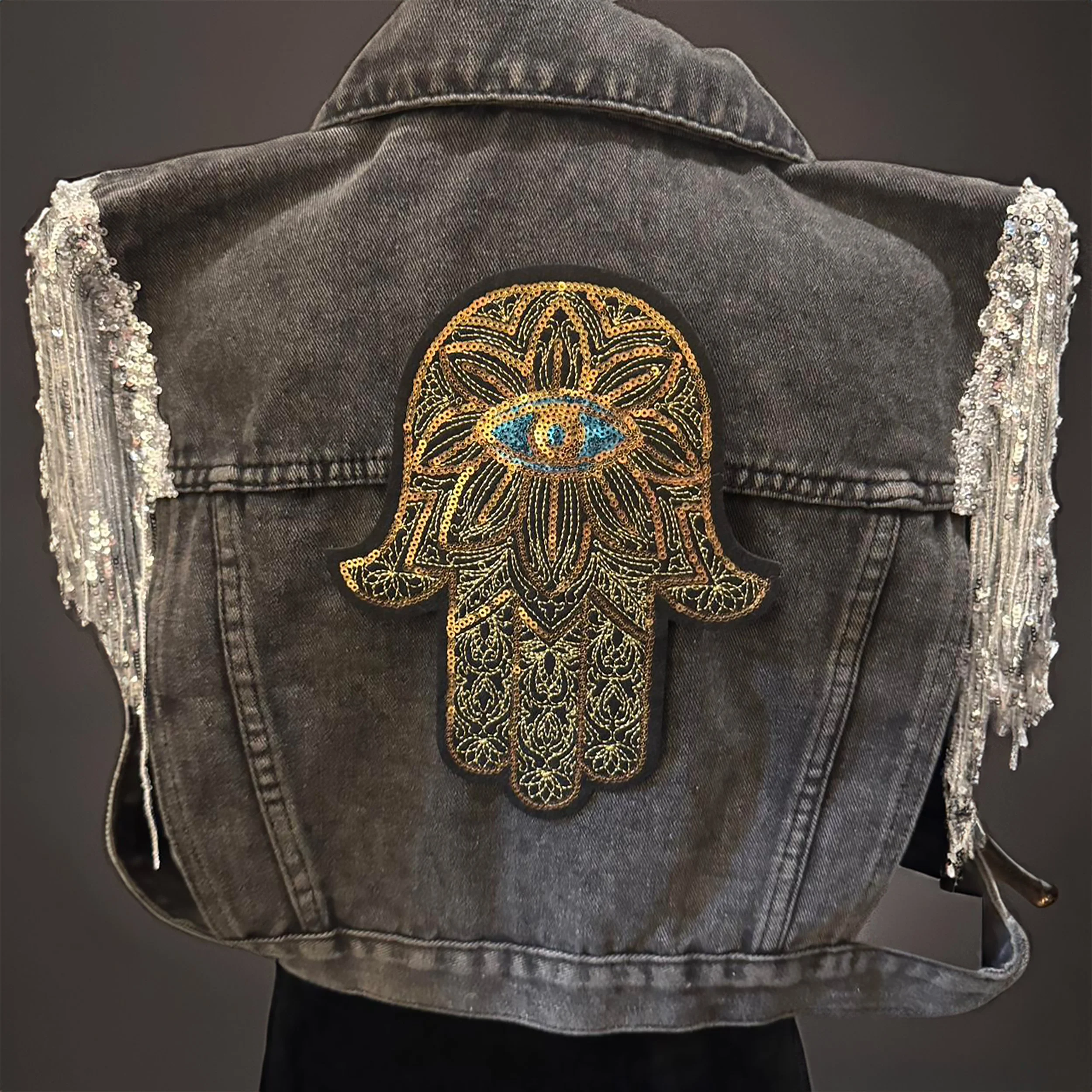 Vintage Gray/Black Denim Festival Vest with Hamsa Sequin Patch and Shoulder Fringe – Size Small