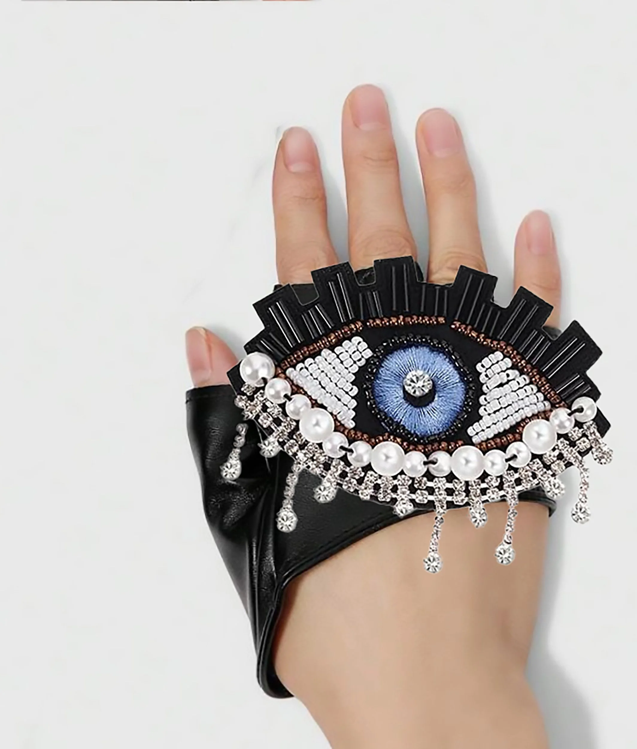 Beaded Surrealism Eye Decal Half Palm Faux Leather Moto Glove