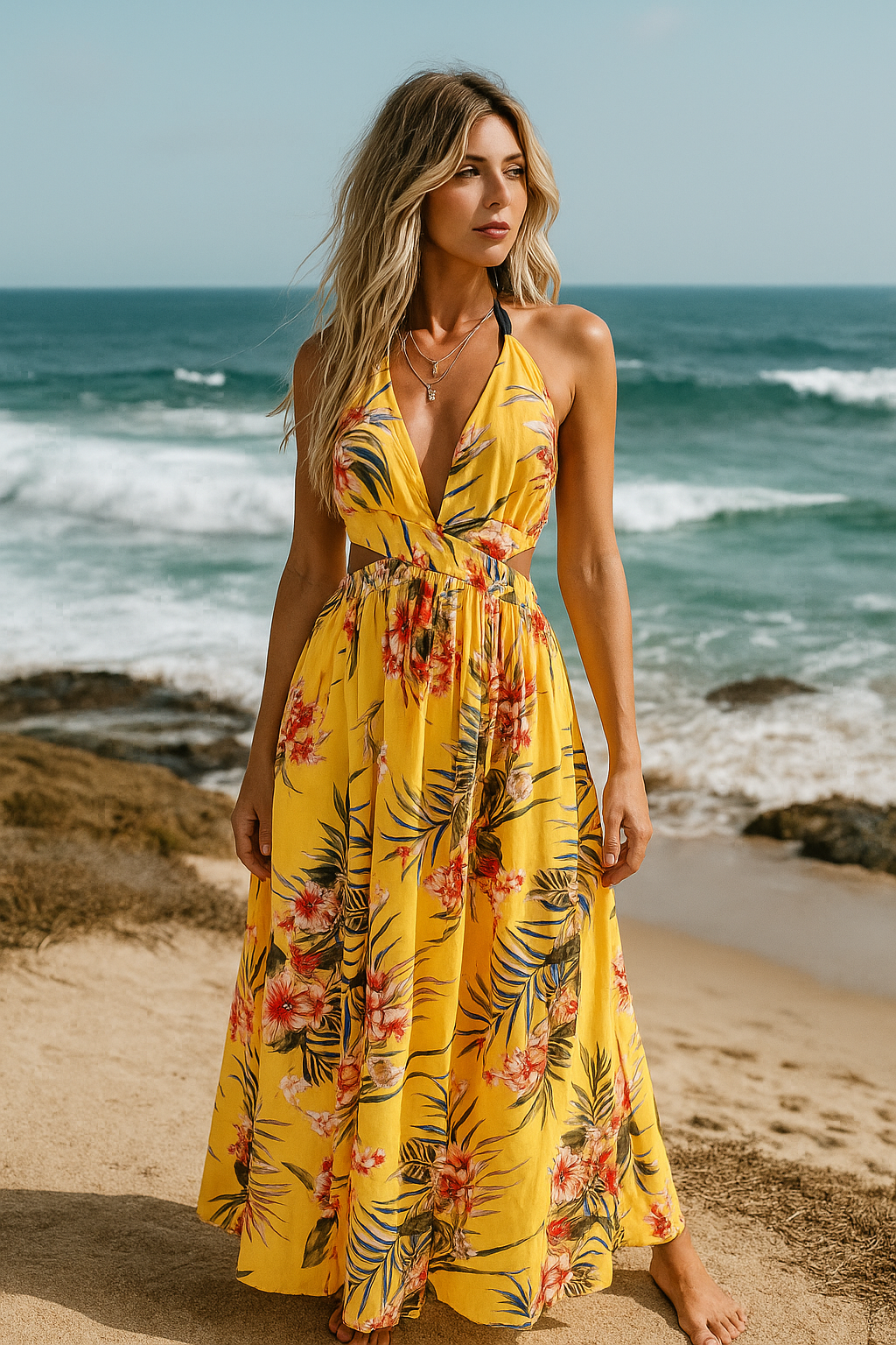 Beachy Yellow Floral Split Hem Dress