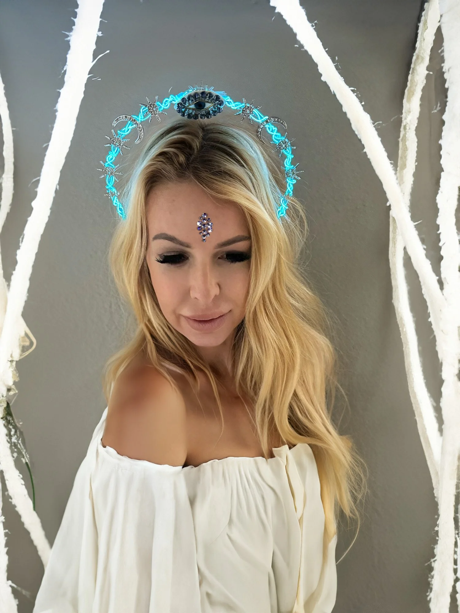 Light Up Festival Crown by Charity Huether, designed with LED lights and intricate details, perfect for festivals like Burning Man, Coachella, EDC, weddings, and photo shoots.