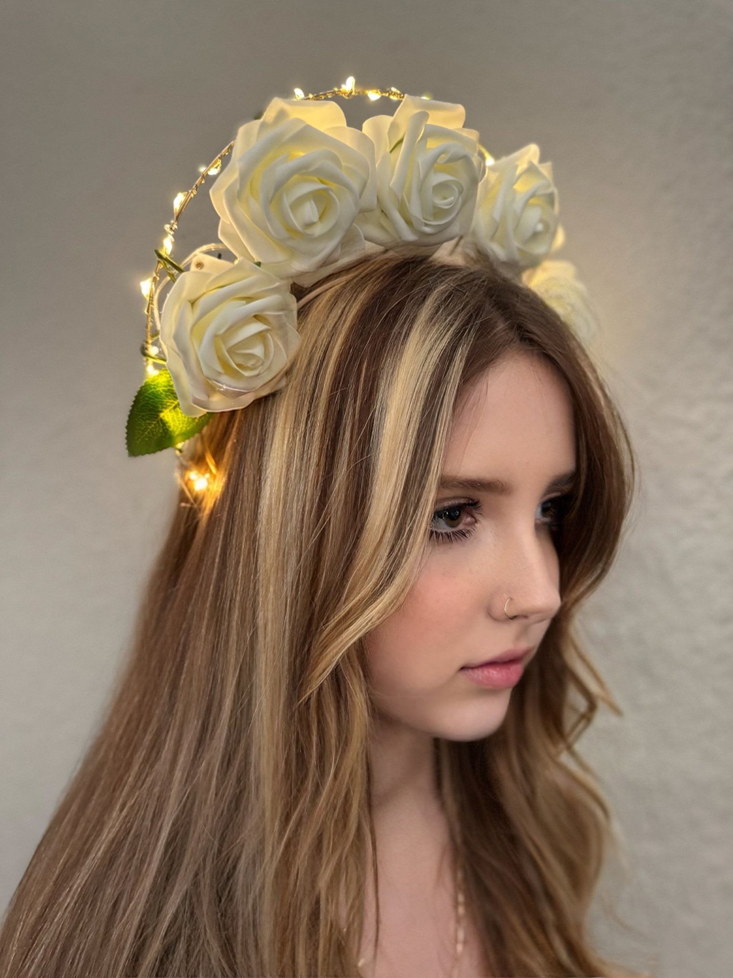 Handcrafted Light Up Festival Crown designed by Charity Huether, worn by model Ella Matheson, ideal for raves, EDC festivals, and styled photo shoots