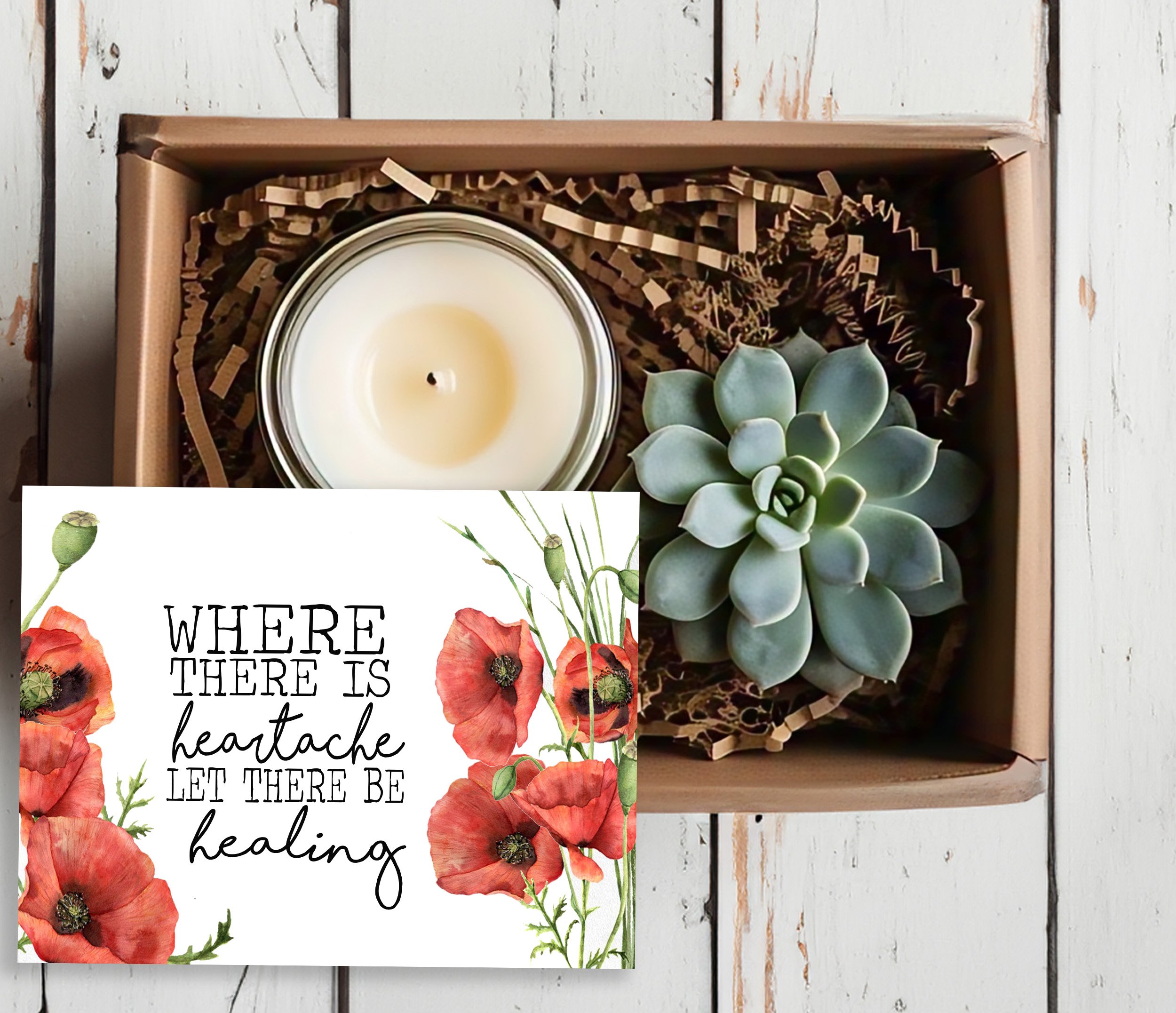 A Beautiful Soul Is Never Forgotten - Succulent, Card &amp; Candle Gift Box - Poppies