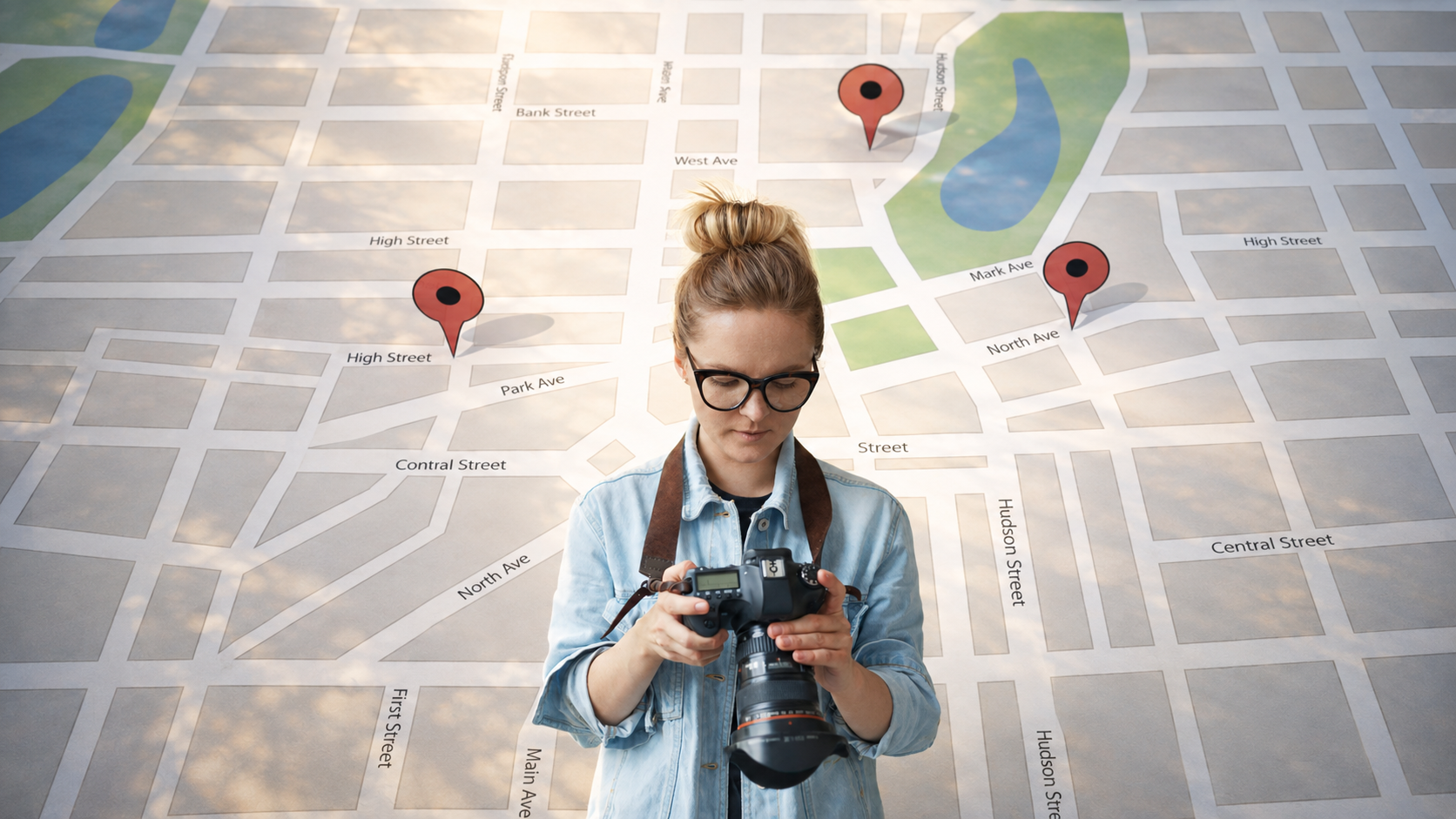 A traveling photographer reviews her camera in front of a map with location markers while planning a business photoshoot and tracking potential travel expenses.