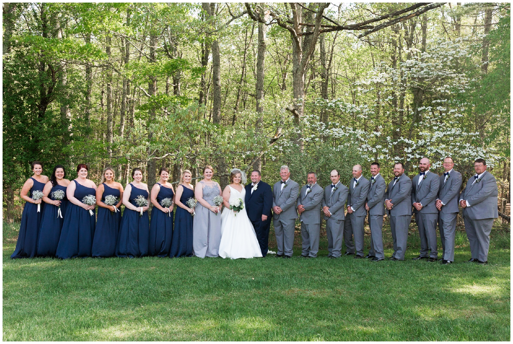 200-person Highland County Virginia mountaintop wedding in spring with large bridal party