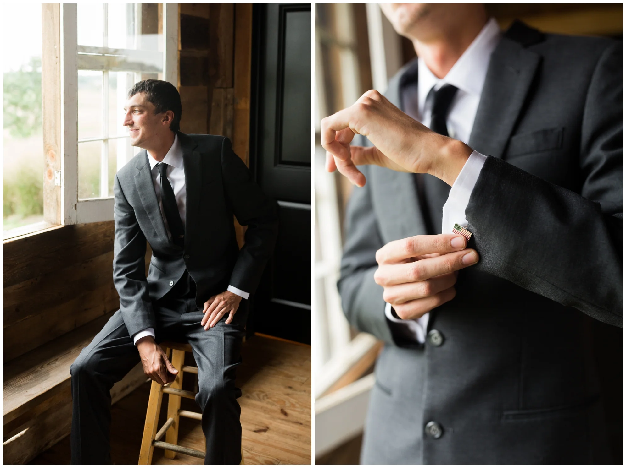 Rainy fall wedding featuring dusty blue bridesmaid dresses, bow ties and a cathedral veil at On Sunny Slope Farm in Harrisonburg, Virginia.