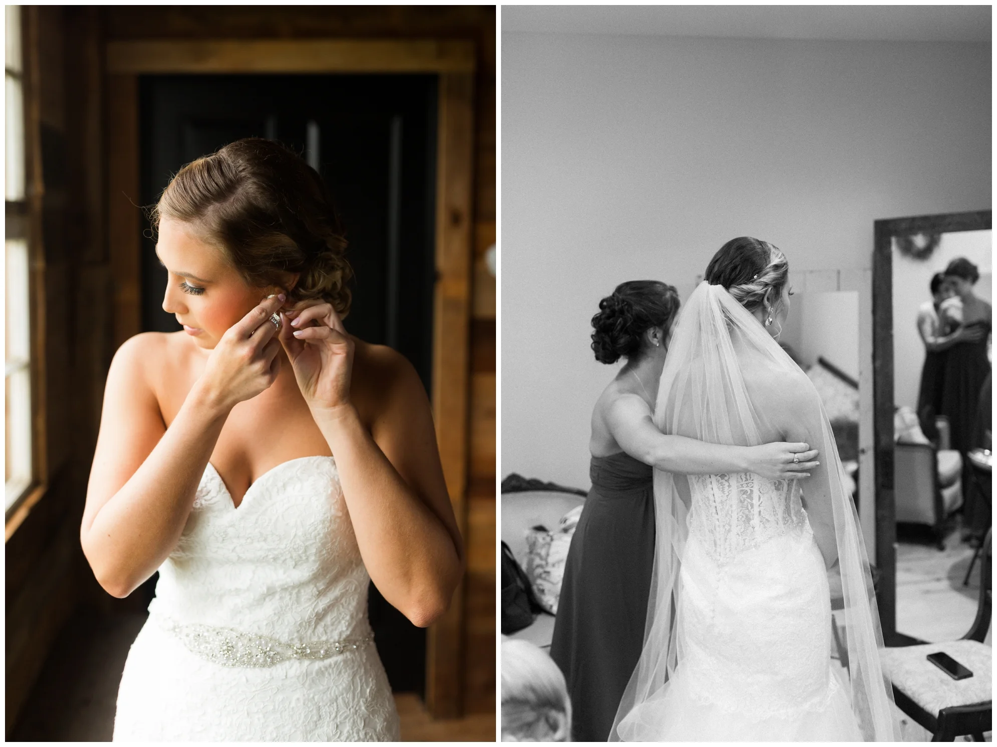 Rainy fall wedding featuring dusty blue bridesmaid dresses, bow ties and a cathedral veil at On Sunny Slope Farm in Harrisonburg, Virginia.