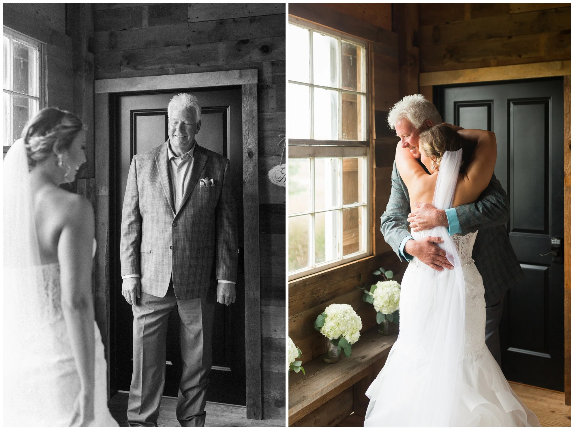 Rainy fall wedding featuring dusty blue bridesmaid dresses, bow ties and a cathedral veil at On Sunny Slope Farm in Harrisonburg, Virginia.