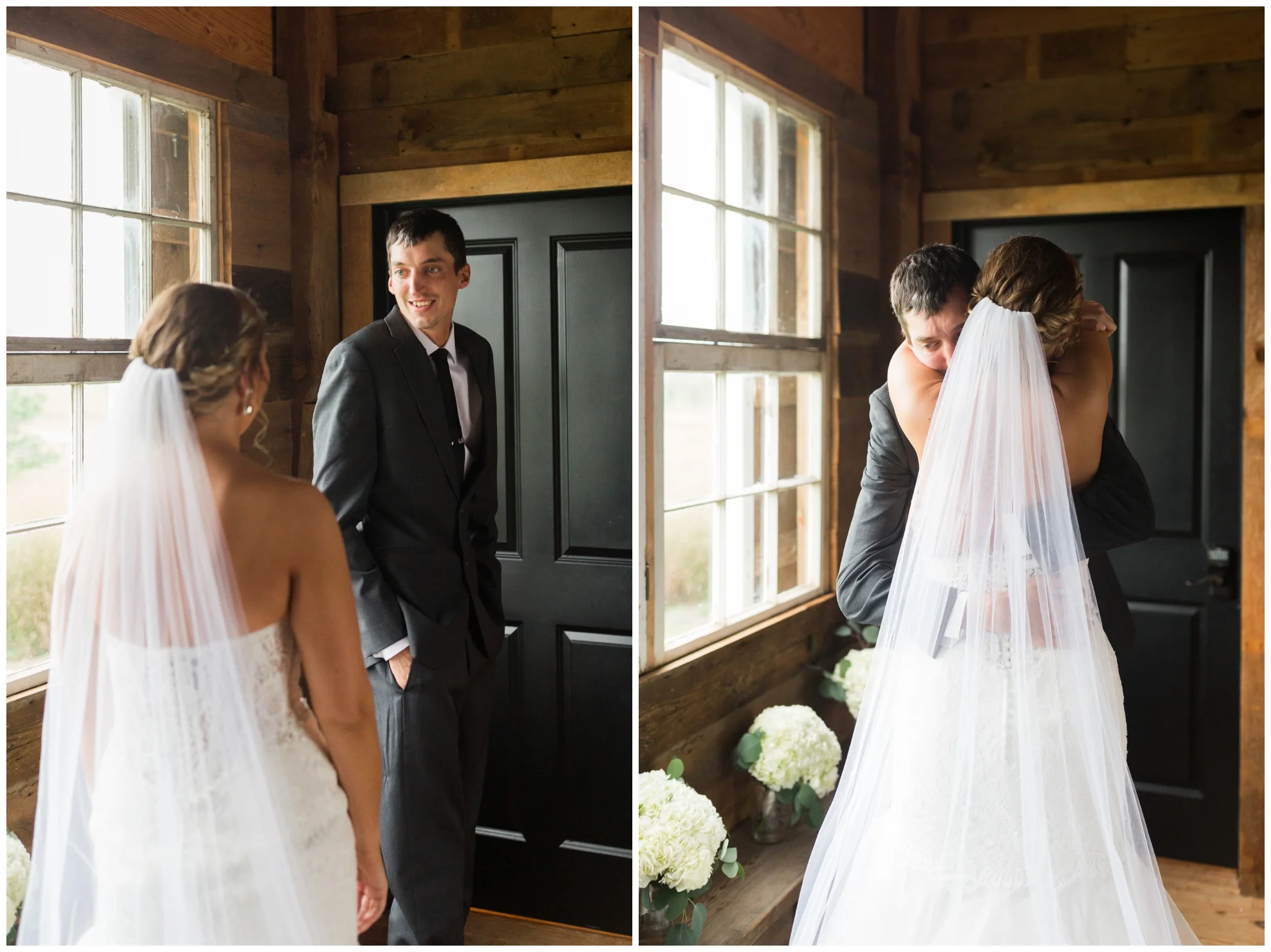 Rainy fall wedding featuring dusty blue bridesmaid dresses, bow ties and a cathedral veil at On Sunny Slope Farm in Harrisonburg, Virginia.