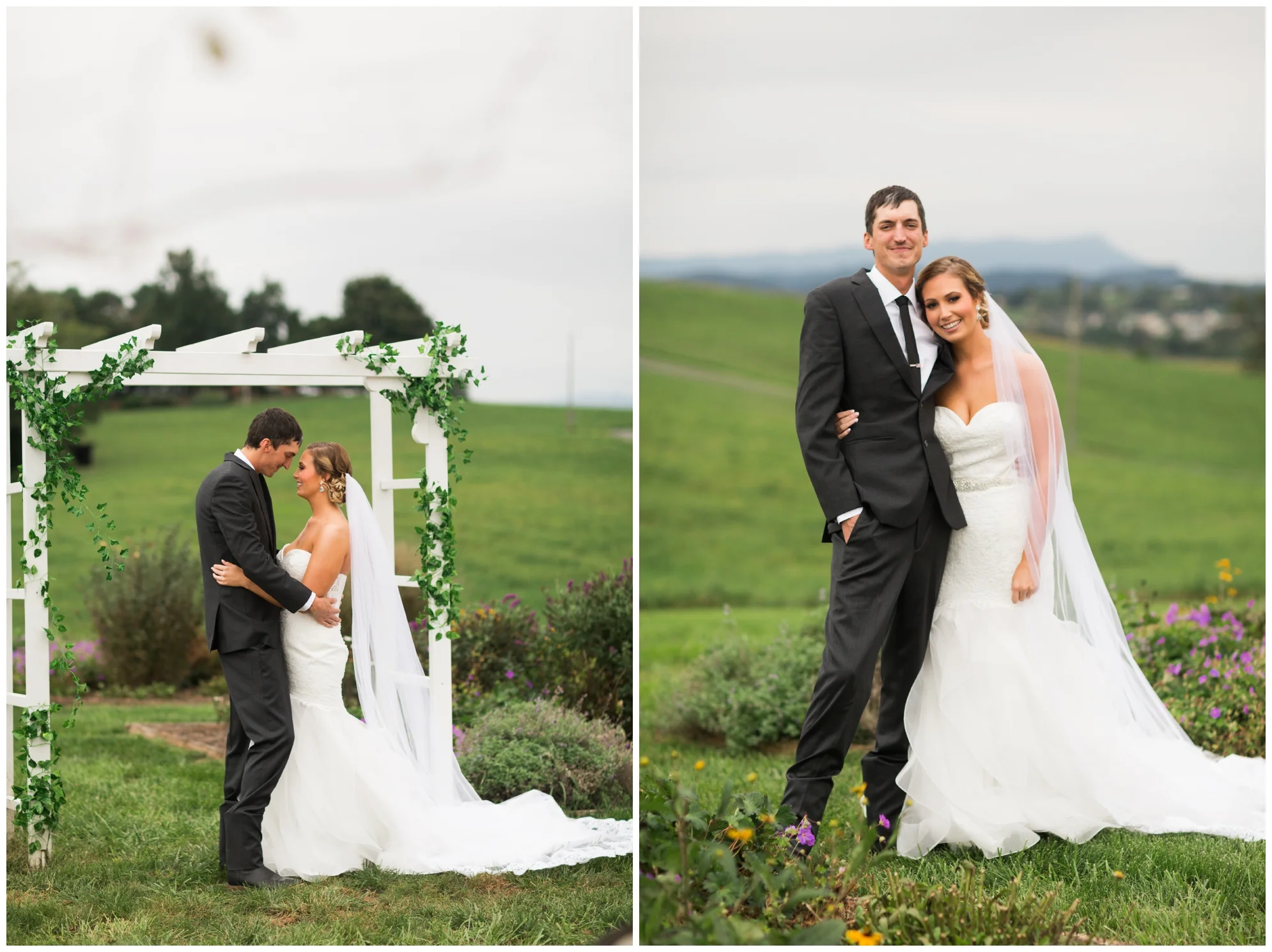 Rainy fall wedding featuring dusty blue bridesmaid dresses, bow ties and a cathedral veil at On Sunny Slope Farm in Harrisonburg, Virginia.
