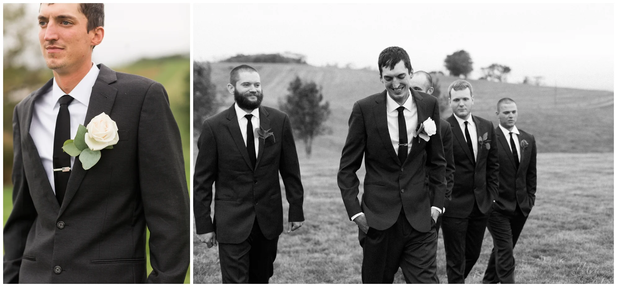 Rainy fall wedding featuring dusty blue bridesmaid dresses, bow ties and a cathedral veil at On Sunny Slope Farm in Harrisonburg, Virginia.