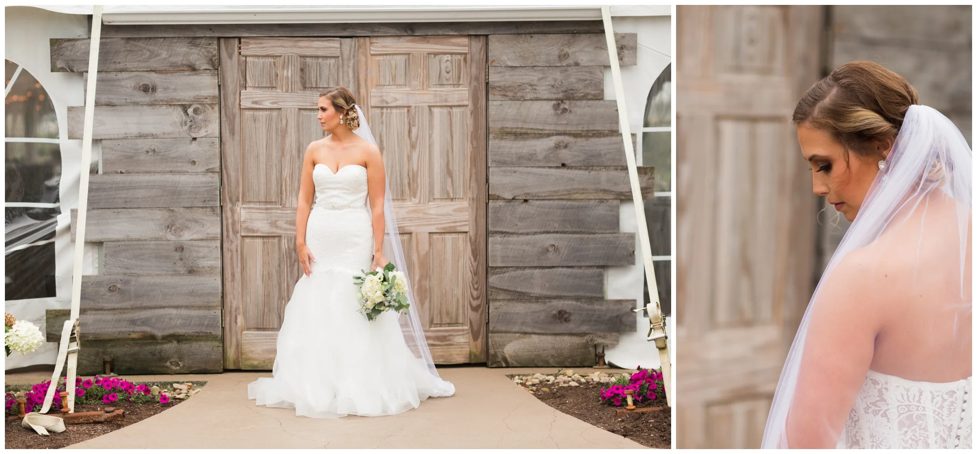 Rainy fall wedding featuring dusty blue bridesmaid dresses, bow ties and a cathedral veil at On Sunny Slope Farm in Harrisonburg, Virginia.
