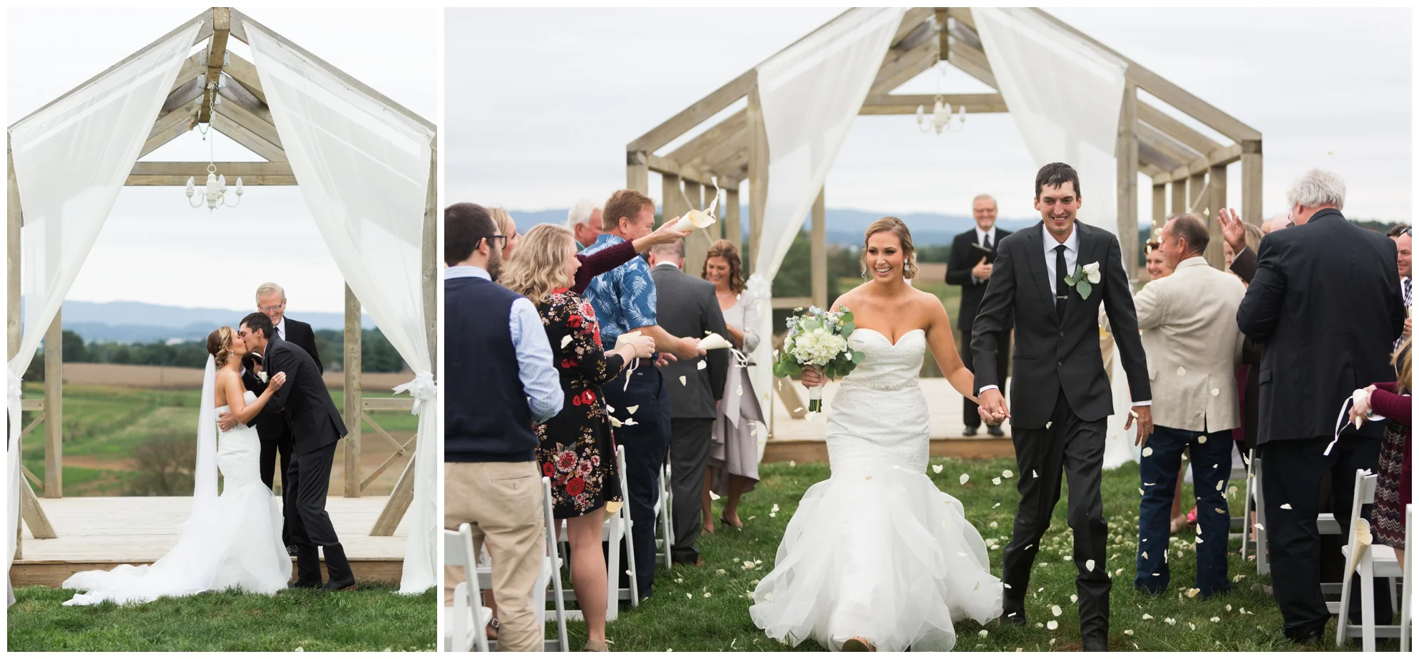 Rainy fall wedding featuring dusty blue bridesmaid dresses, bow ties and a cathedral veil at On Sunny Slope Farm in Harrisonburg, Virginia.