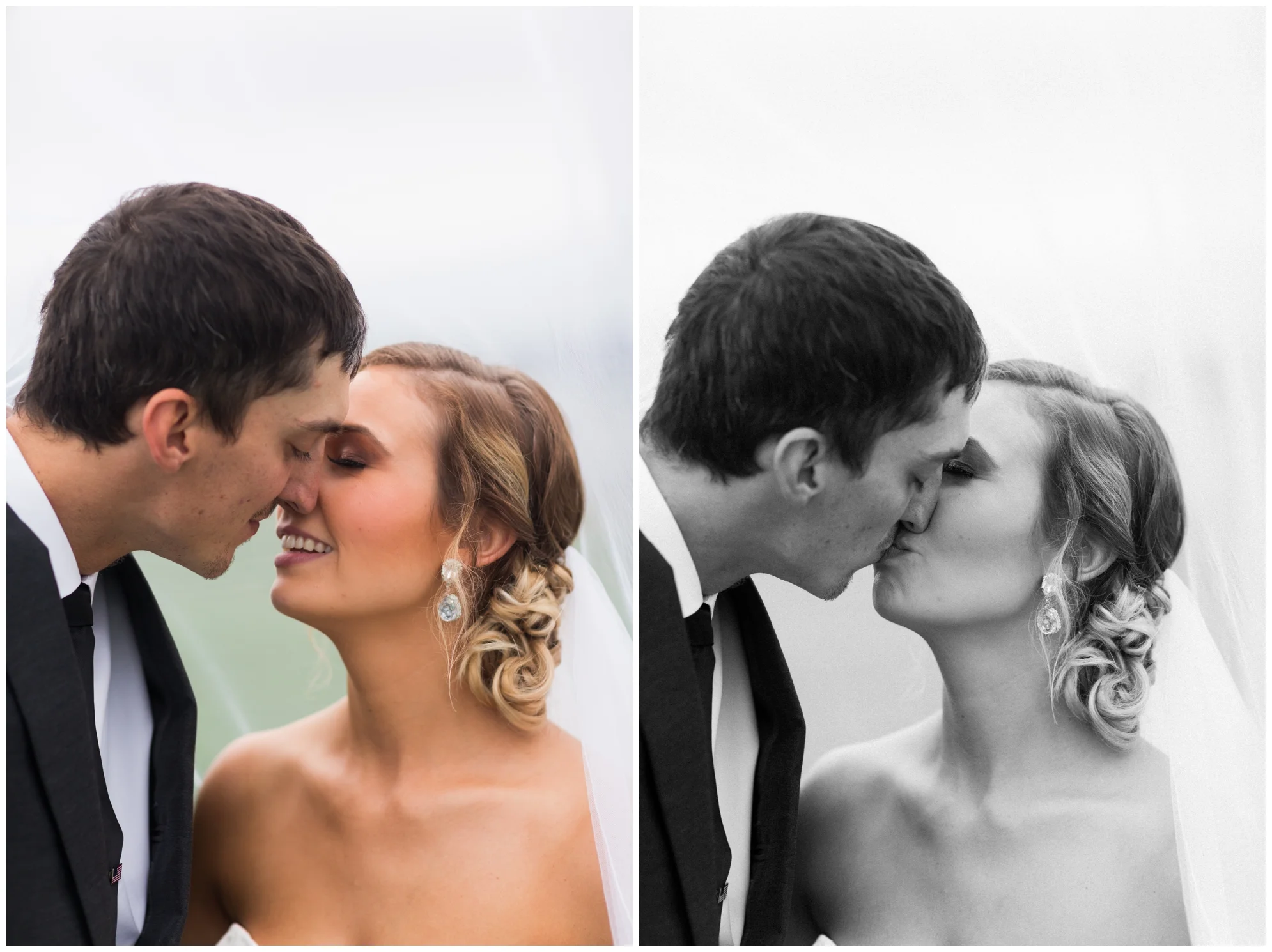 Rainy fall wedding featuring dusty blue bridesmaid dresses, bow ties and a cathedral veil at On Sunny Slope Farm in Harrisonburg, Virginia.