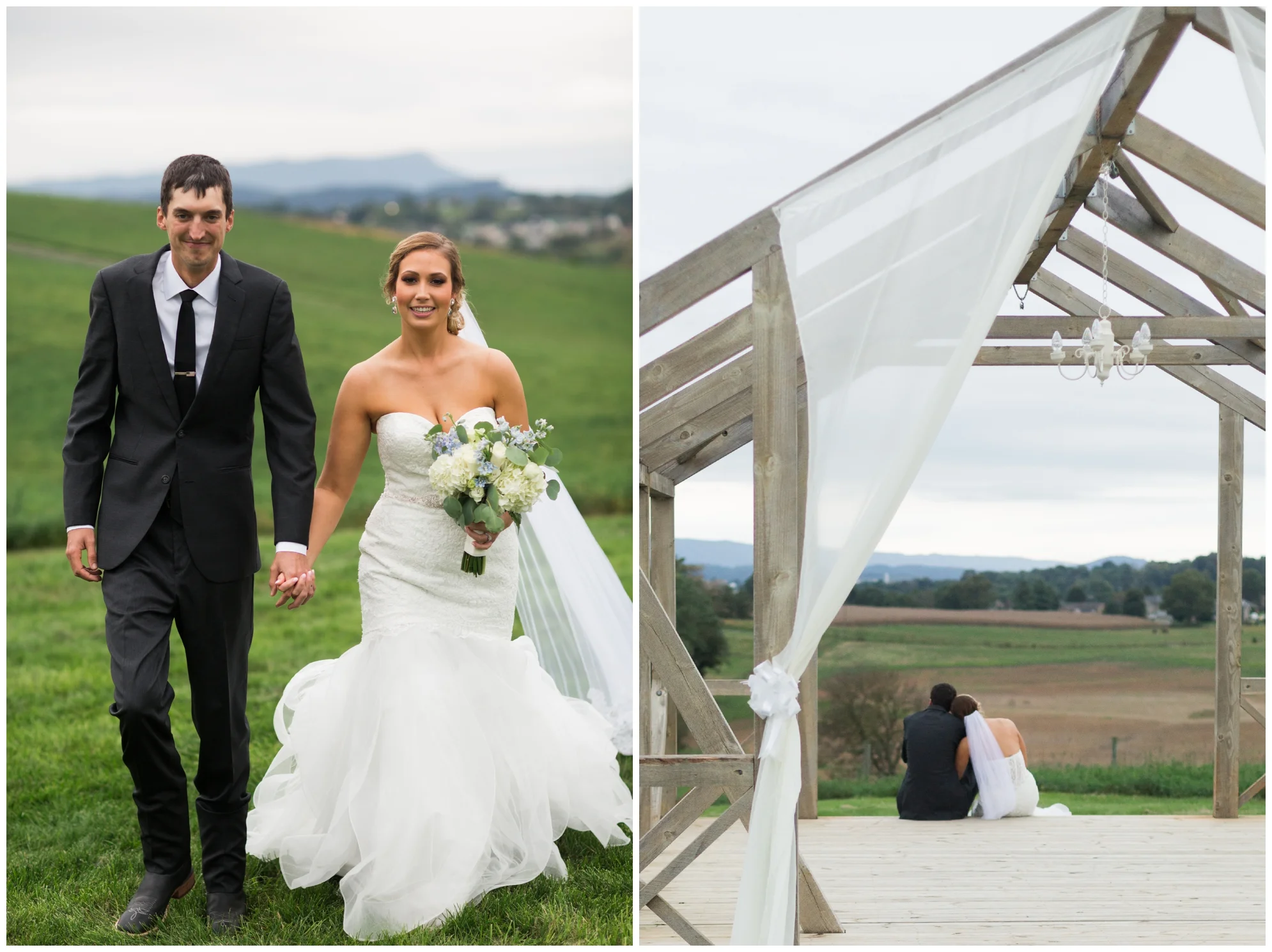 Rainy fall wedding featuring dusty blue bridesmaid dresses, bow ties and a cathedral veil at On Sunny Slope Farm in Harrisonburg, Virginia.