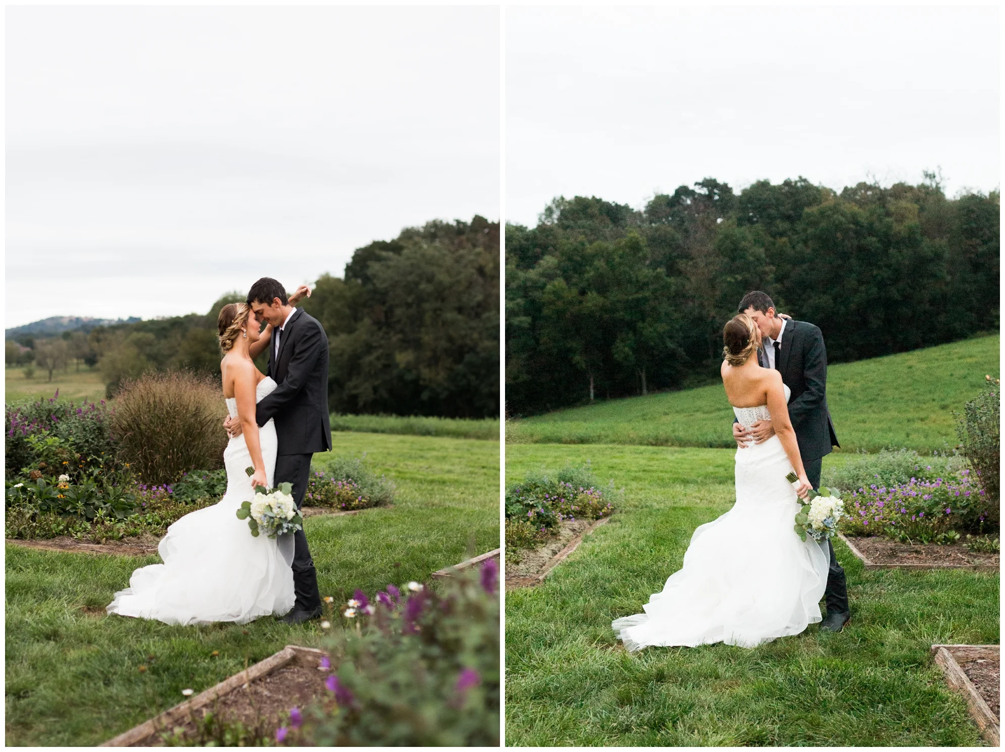 Rainy fall wedding featuring dusty blue bridesmaid dresses, bow ties and a cathedral veil at On Sunny Slope Farm in Harrisonburg, Virginia.